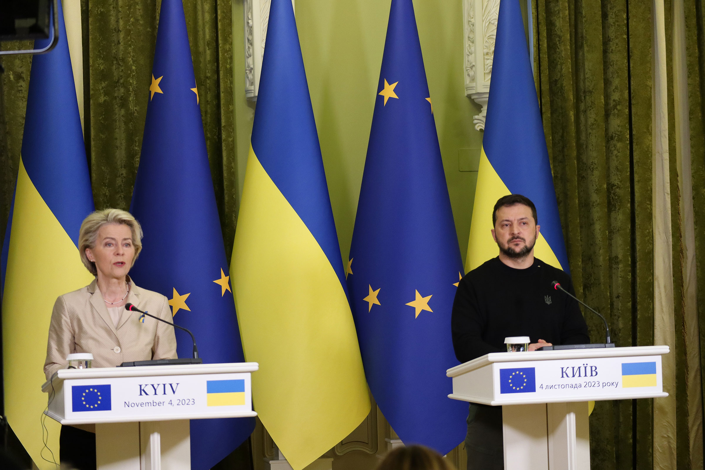 In this November 4 photo, Ursula von der Leyen and Volodymyr Zelenskyi speak during joint press conference in Kyiv, Ukraine.