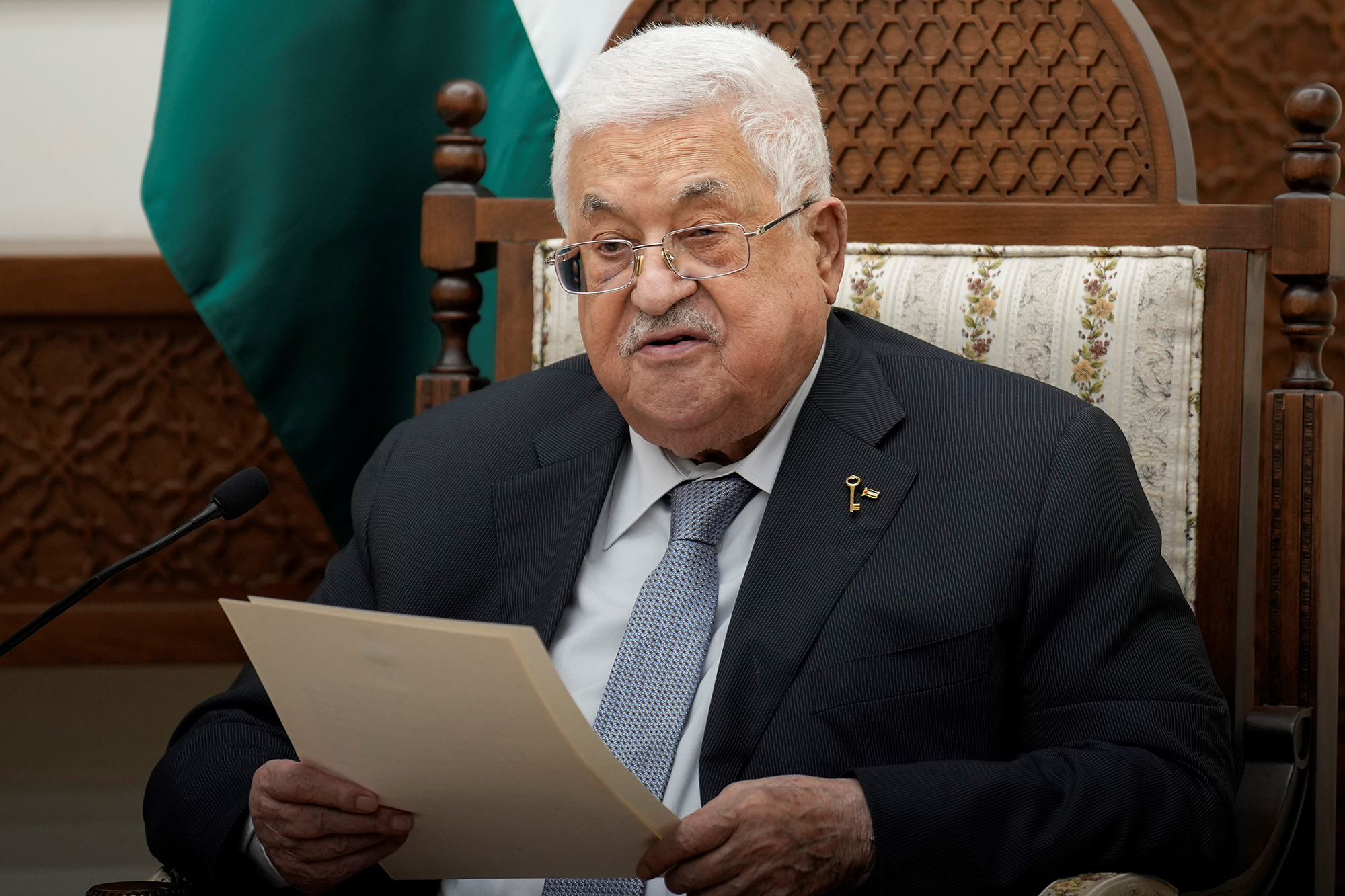 Palestinian President Mahmoud Abbas speaks during a meeting in the West Bank city of Ramallah on October 24.