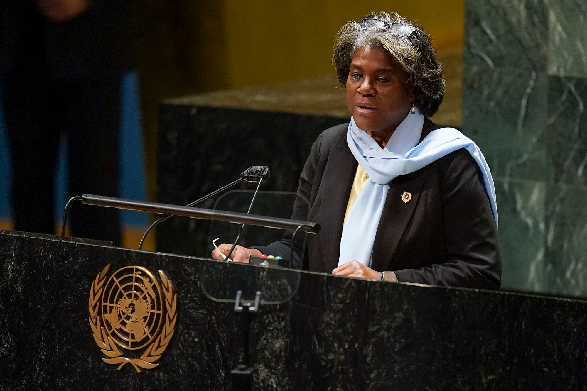 US Ambassador to the United Nations Linda Thomas-Greenfield speaks during an emergency meeting of the General Assembly at the UN headquarters on March 2. 