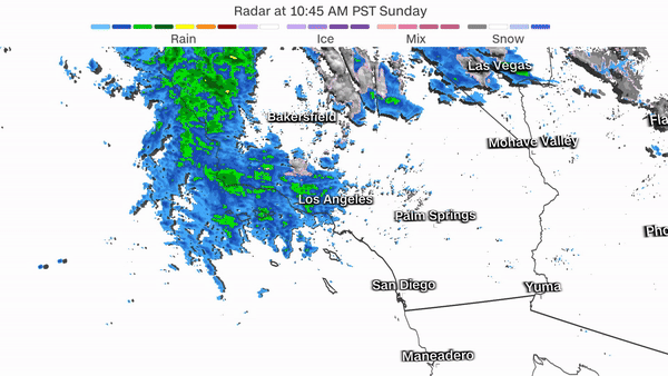 This radar loops shows rain falling across Los Angeles and other portions of Southern California from Sunday morning to Monday morning.