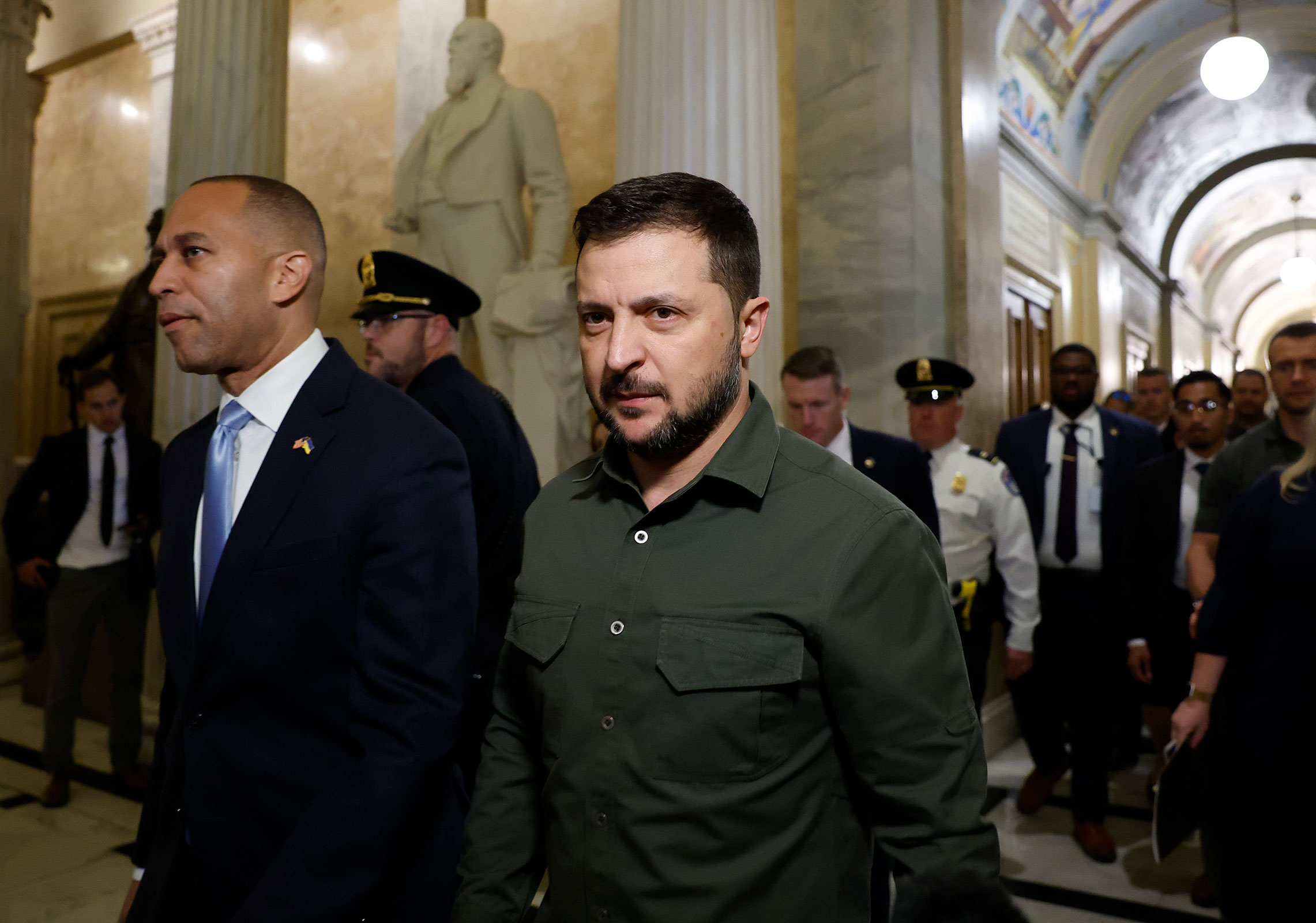 President of Ukraine Volodymyr Zelensky walks with Minority Leader Rep. Hakeem Jeffries as he arrives for a meeting with members of the U.S. House of Representatives at the U.S. Capitol on September 21, 2023 in Washington, DC.