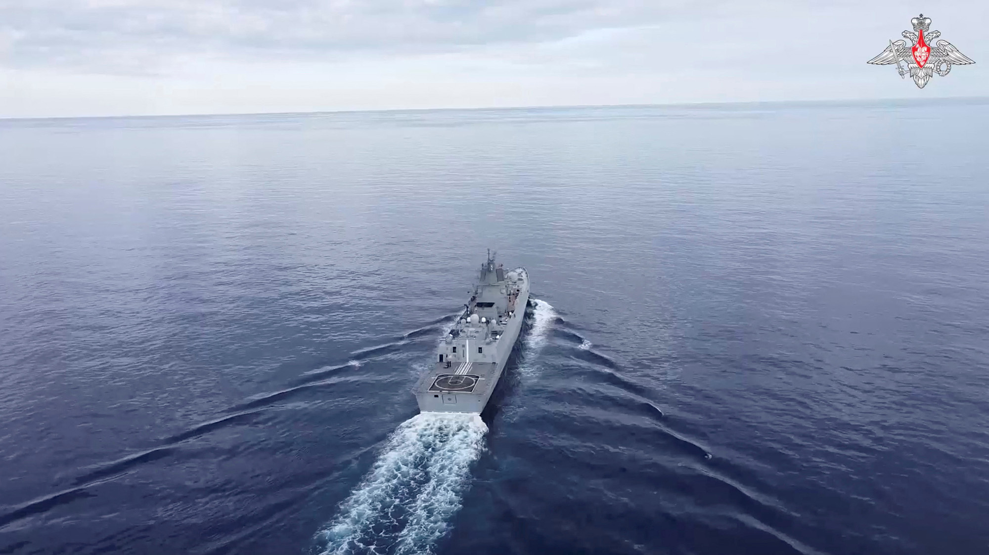 A still image from video released by the Russian Defence Ministry shows what it said to be frigate 'Admiral Gorshkov' during an exercise in the Atlantic Ocean, released on January 25.