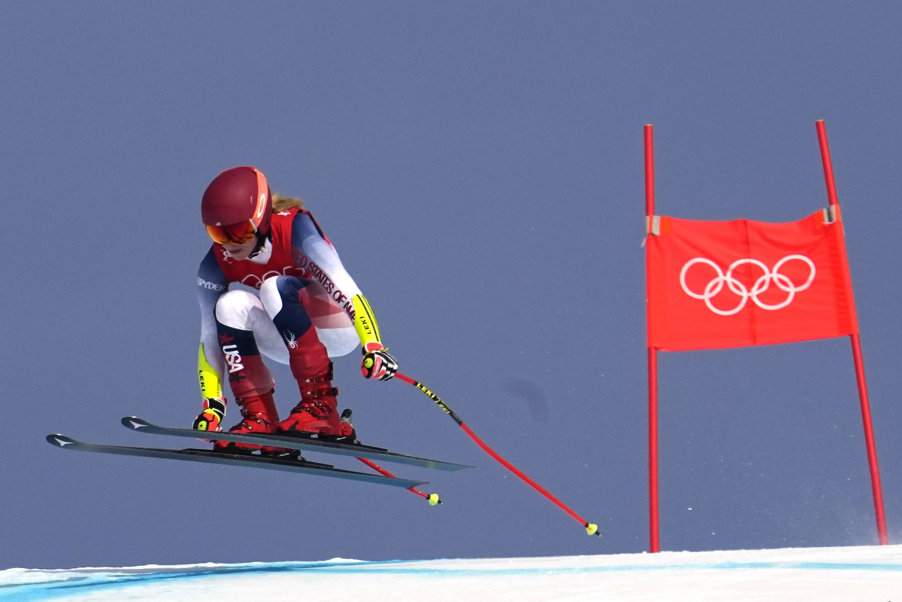 Team USA's Mikaela Shiffrin makes a jump during the alpine skiing women's super-G on Friday.