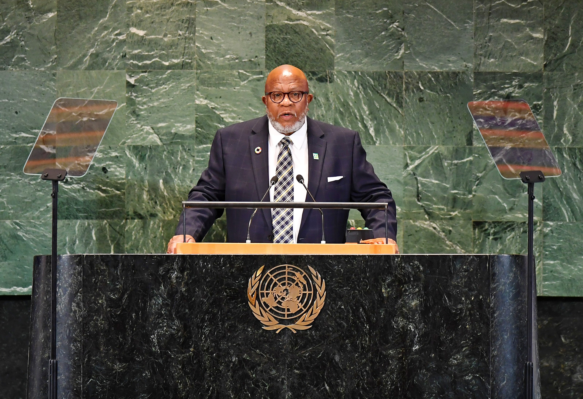 UN General Assembly President Dennis Francis delivers his opening remarks during the Sustainable Development Goals Summit at the UN headquarters in New York, on September 18.