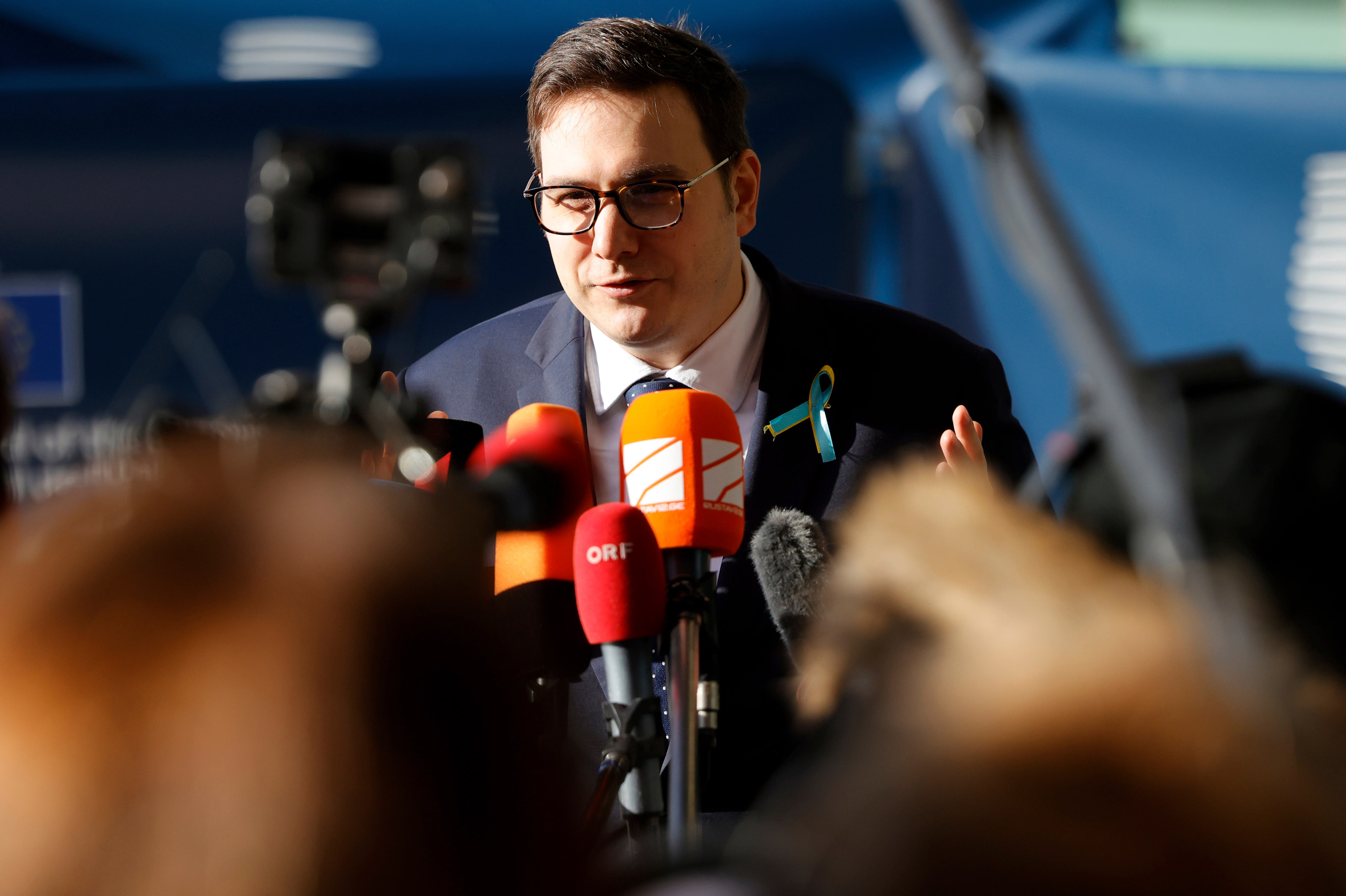 Czech Foreign Minister Jan Lipavsky speaks with the media as he arrives for a meeting of EU foreign ministers at the European Council building in Luxembourg, on April 11.