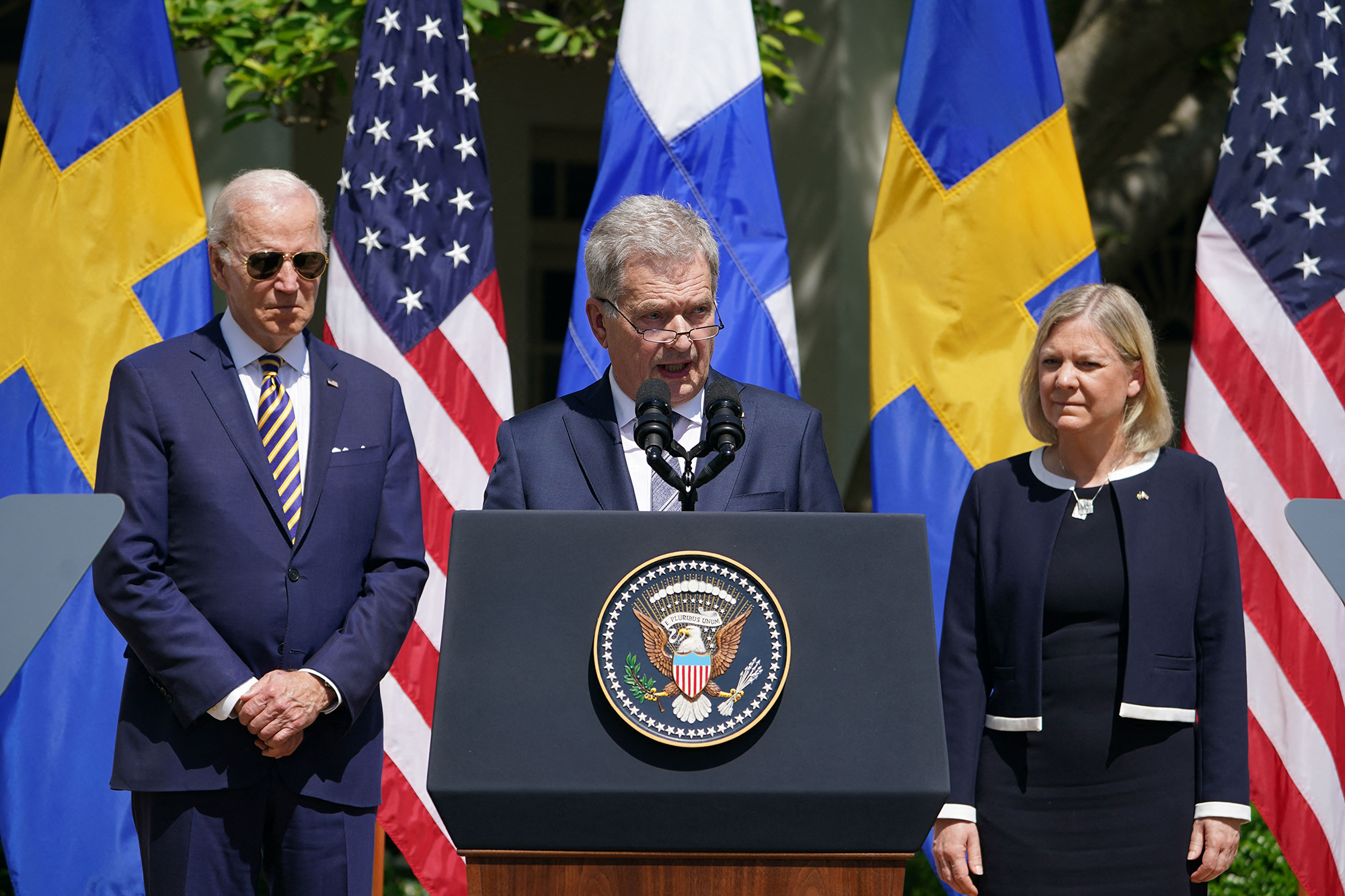 Finnish President Sauli Niinistö speaks in the Rose Garden on May 19, in Washington, DC. 