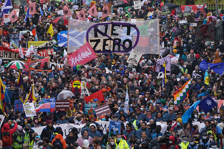 Protesters take part in a rally organized by the Cop26 Coalition in Glasgow demanding global climate justice on Saturday November 6, 2021. 