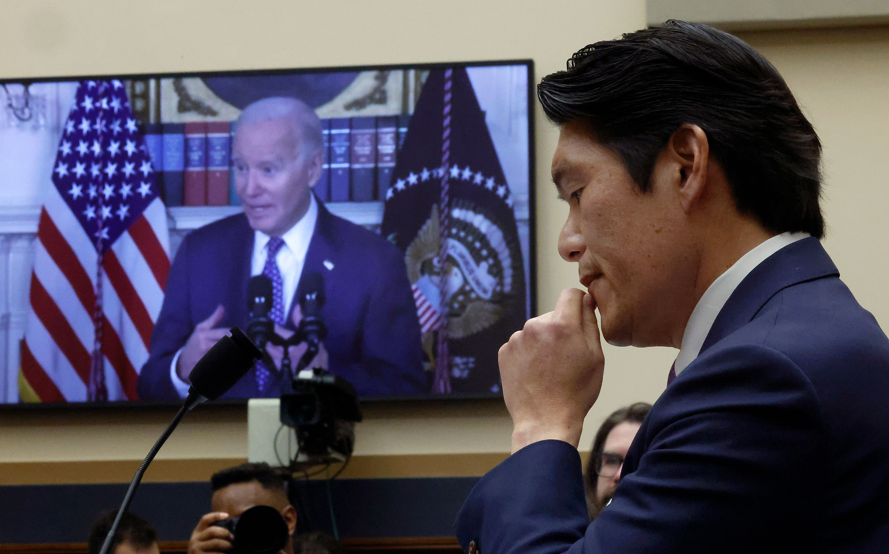 Robert Hur listens as a video of President Joe Biden plays during a hearing on Capitol Hill on Tuesday.