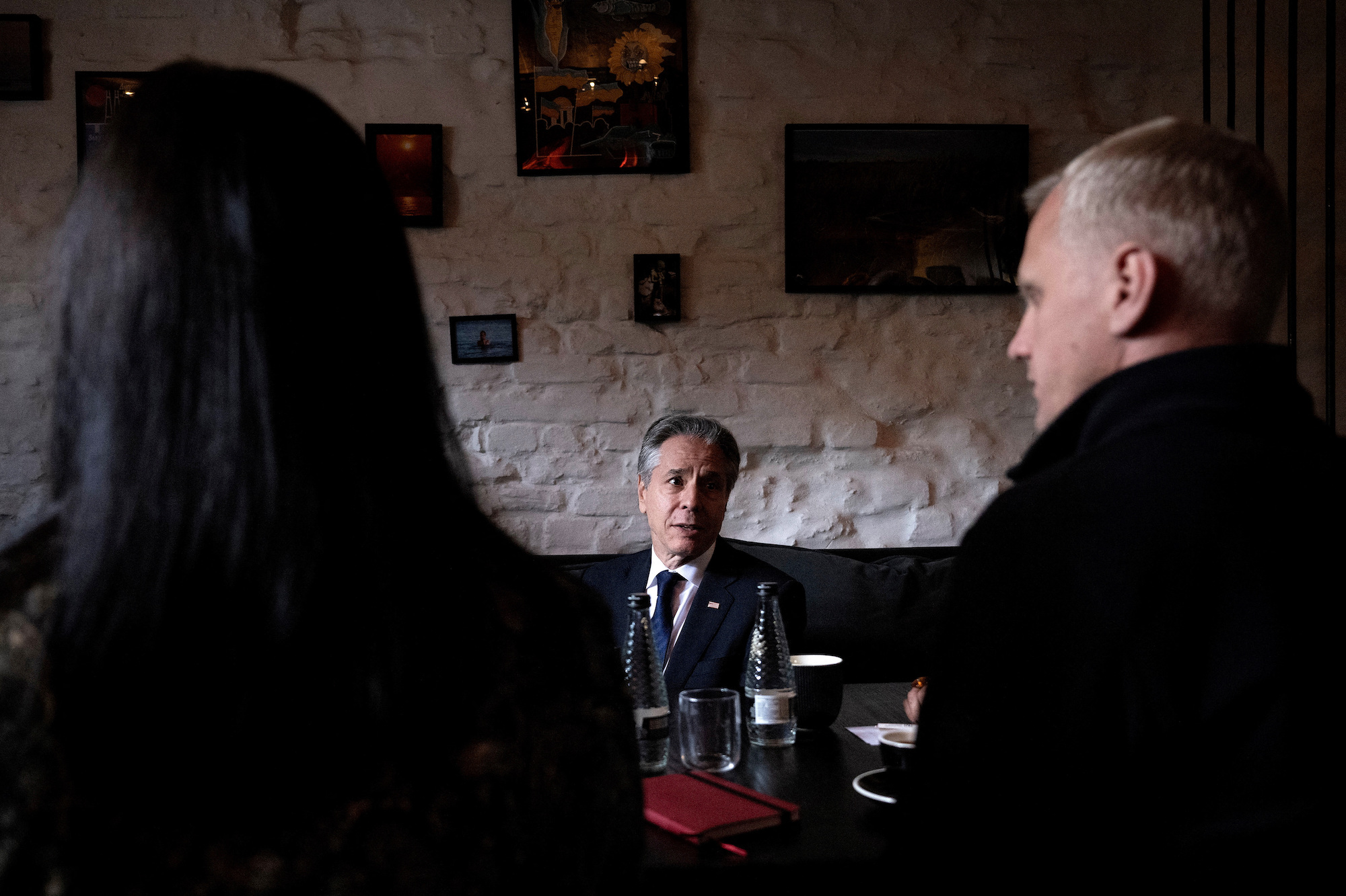 Secretary of State Antony Blinken attends at a coffee shop in Kyiv on Tuesday.