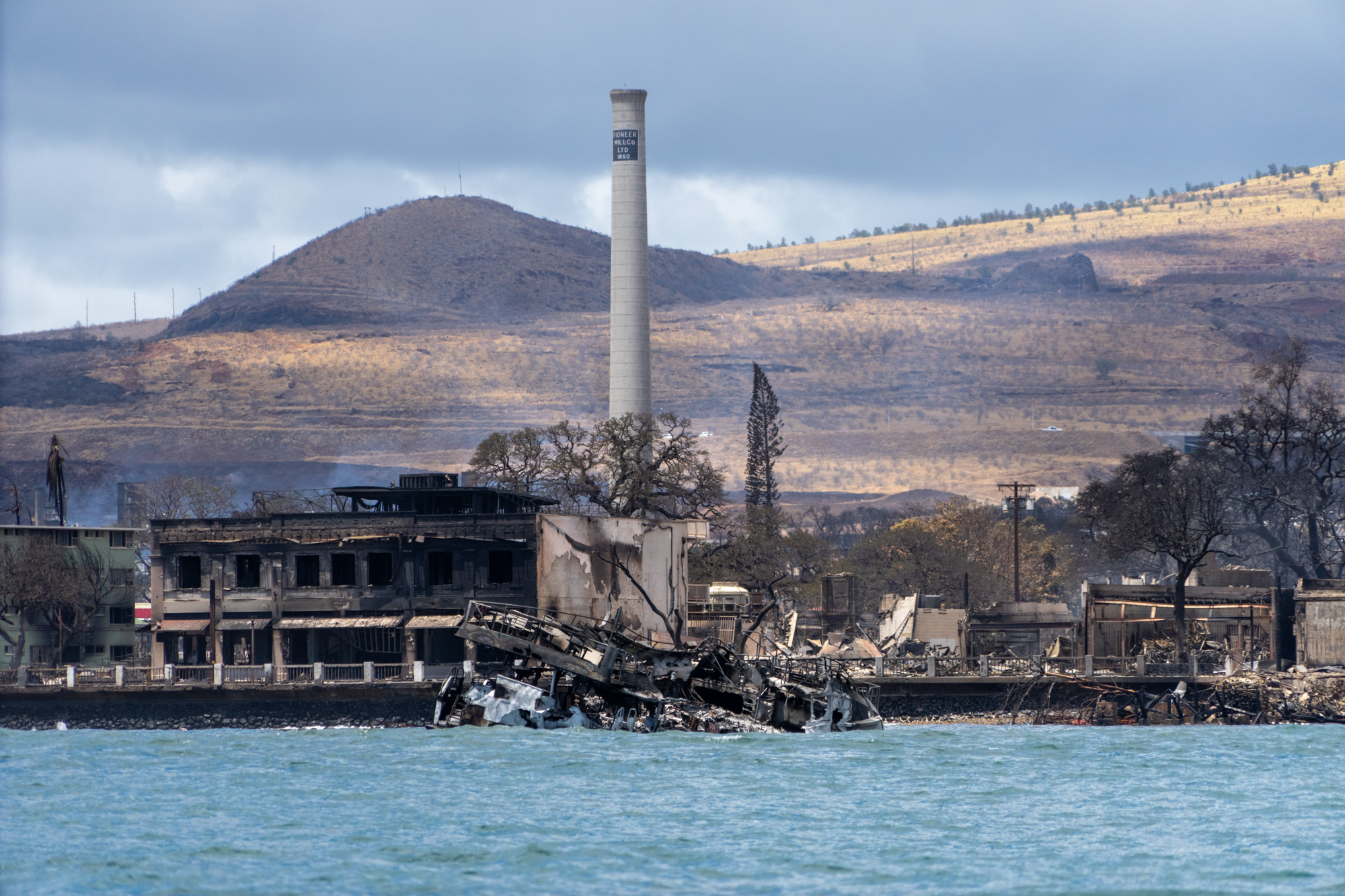 A waterfront view of buildings destroyed by the wildfires in Lahaina, Hawaii, on August 10.