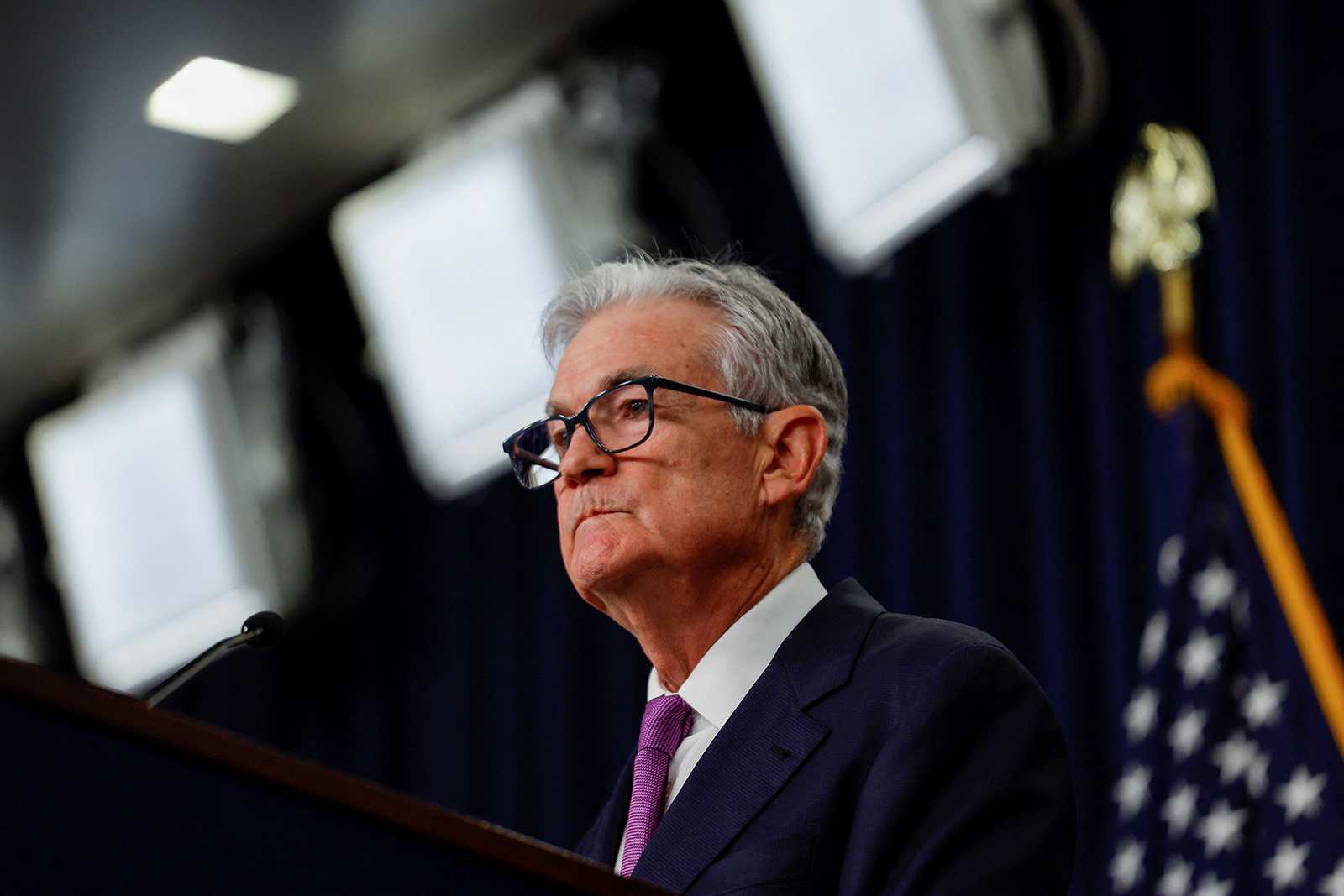 U.S. Federal Reserve Chairman Jerome Powell takes questions from reporters during a press conference after the release of the Fed policy decision to leave interest rates unchanged, at the Federal Reserve in Washington, on September 20.