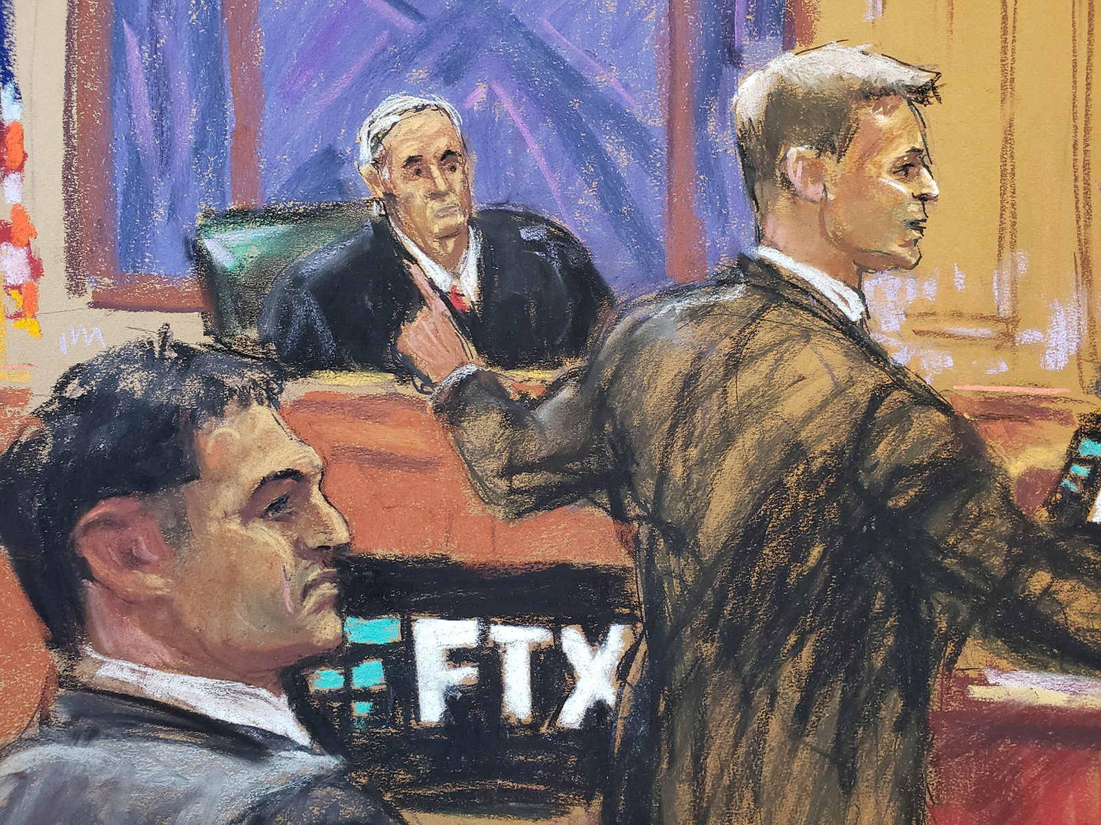 Dans ce croquis de salle d'audience, Sam Bankman-Fried (à gauche) regarde le procureur adjoint américain Thane Rehn faire sa remarque d'ouverture dans le procès pour fraude de Sam Bankman-Fried concernant l'effondrement de FTX, la bourse de crypto-monnaie en faillite, devant la Cour fédérale de New York en octobre. 4.