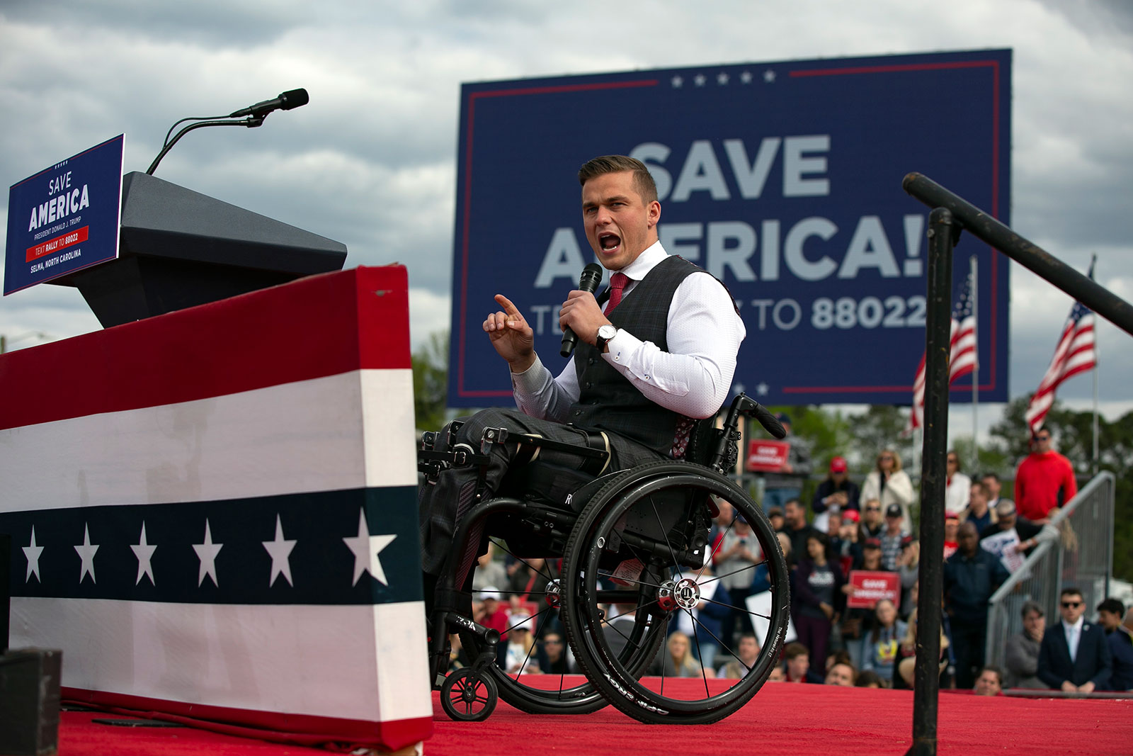 Rep. Madison Cawthorn speaks before a rally for former President Donald Trump in Selma, North Carolina, on April 9.