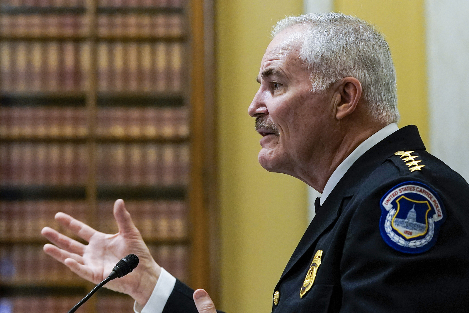 U.S. Capitol Police Chief Tom Manger testifies during a Senate Rules and Administration Committee oversight hearing on the Jan. 6, 2021, attack on the Capitol on Wednesday, Jan. 5, 2022, in Washington. 