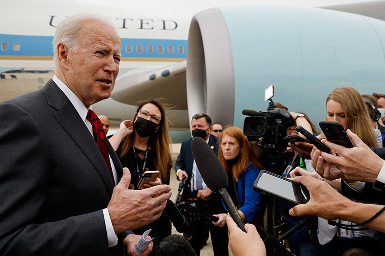 U.S. President Joe Biden speaks to the media before boarding Air Force One for travel to Alabama from Joint Base Andrews, Maryland, on Tuesday, May 3. 