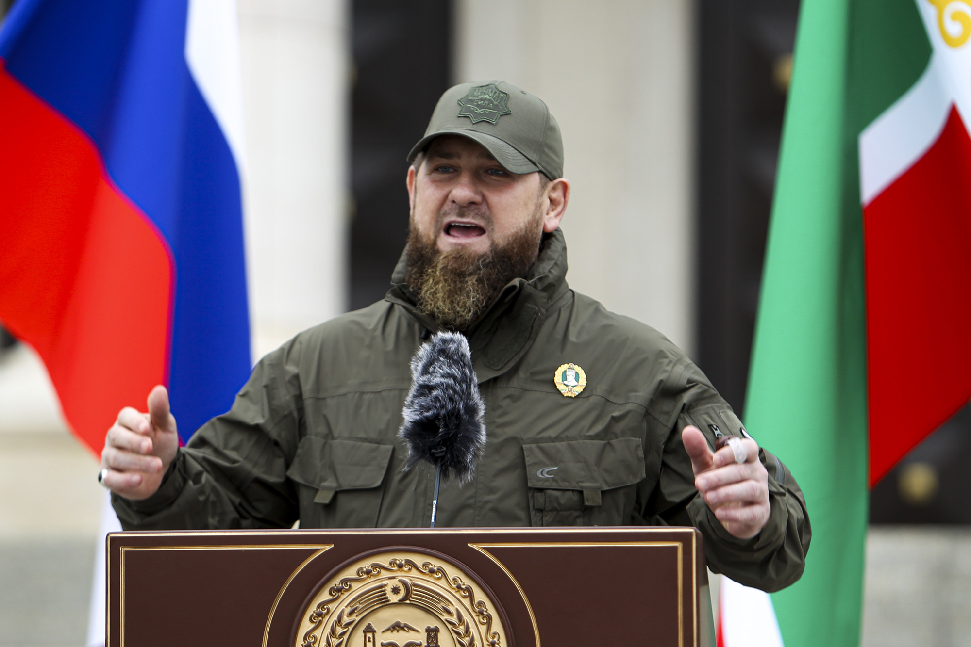 Chechnya's regional leader Ramzan Kadyrov addresses servicemen attending a review of the Chechen Republic's troops and military hardware in Grozny, Chechen Republic, on February 25, 2022.