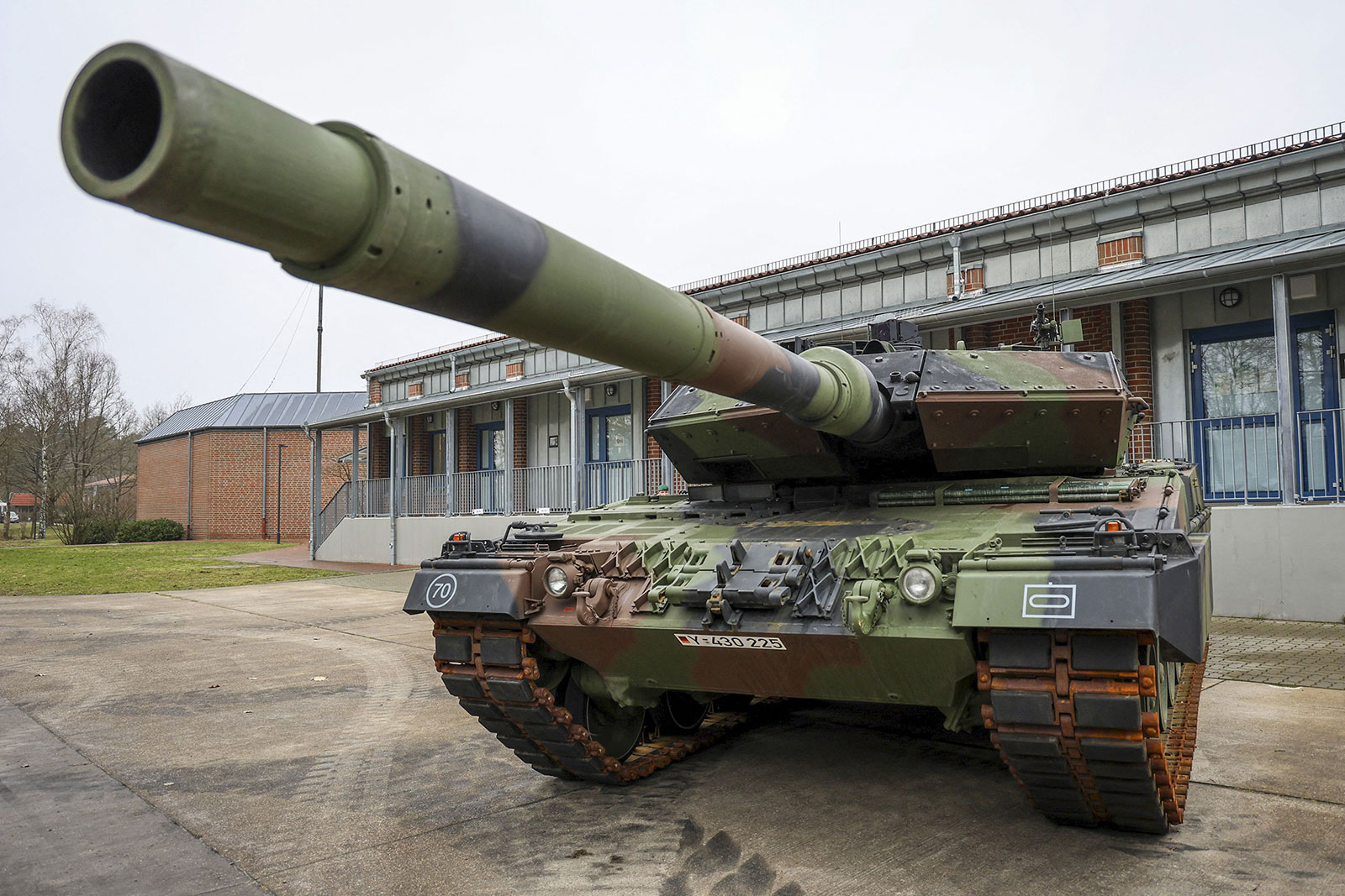 A Leopard 2 tank is seen at the Armored Corps Training Center in Munster, Germany, on February 20.
