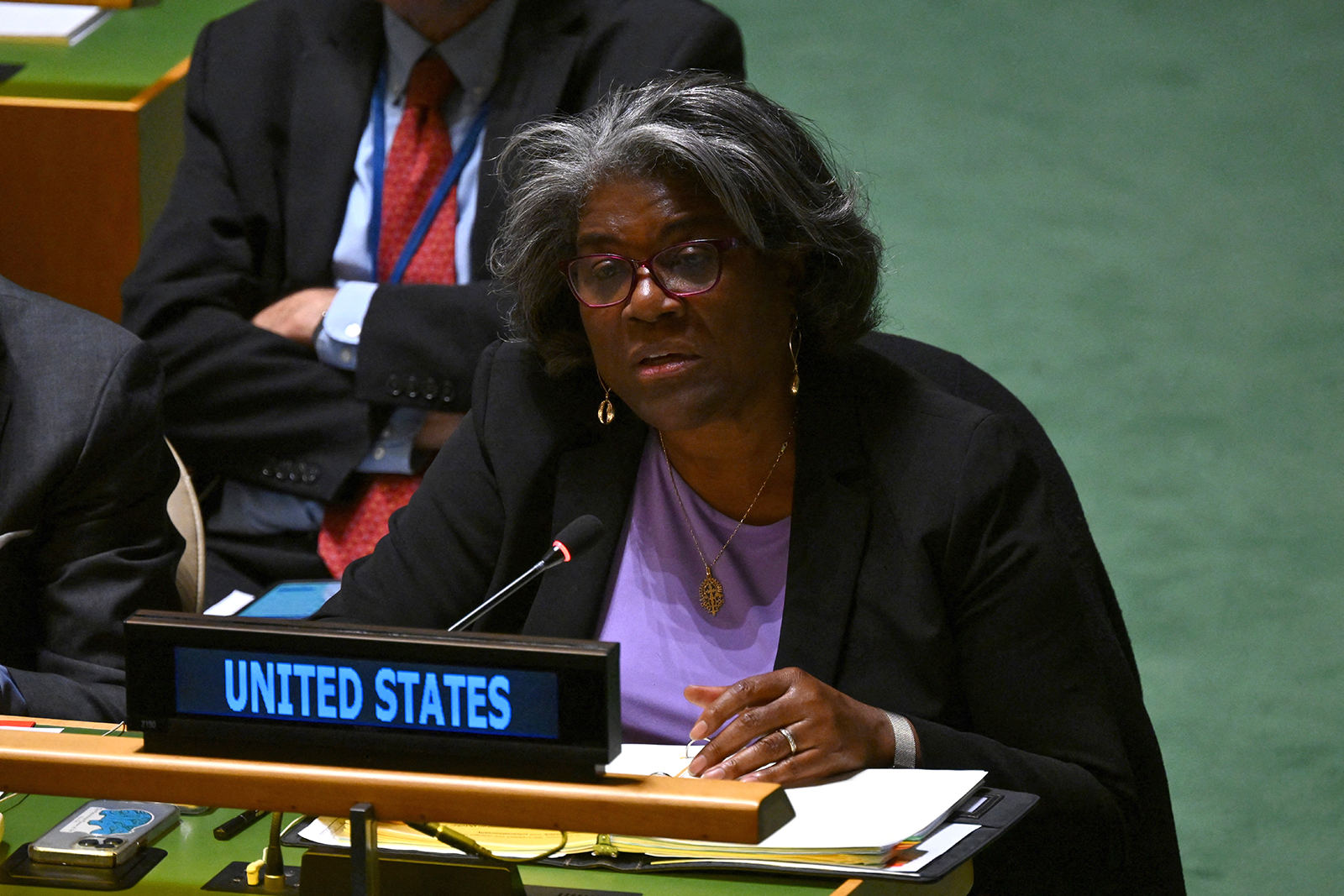 Linda Thomas-Greenfield speaks during a General Assembly meeting at UN headquarters in New York on December 12.