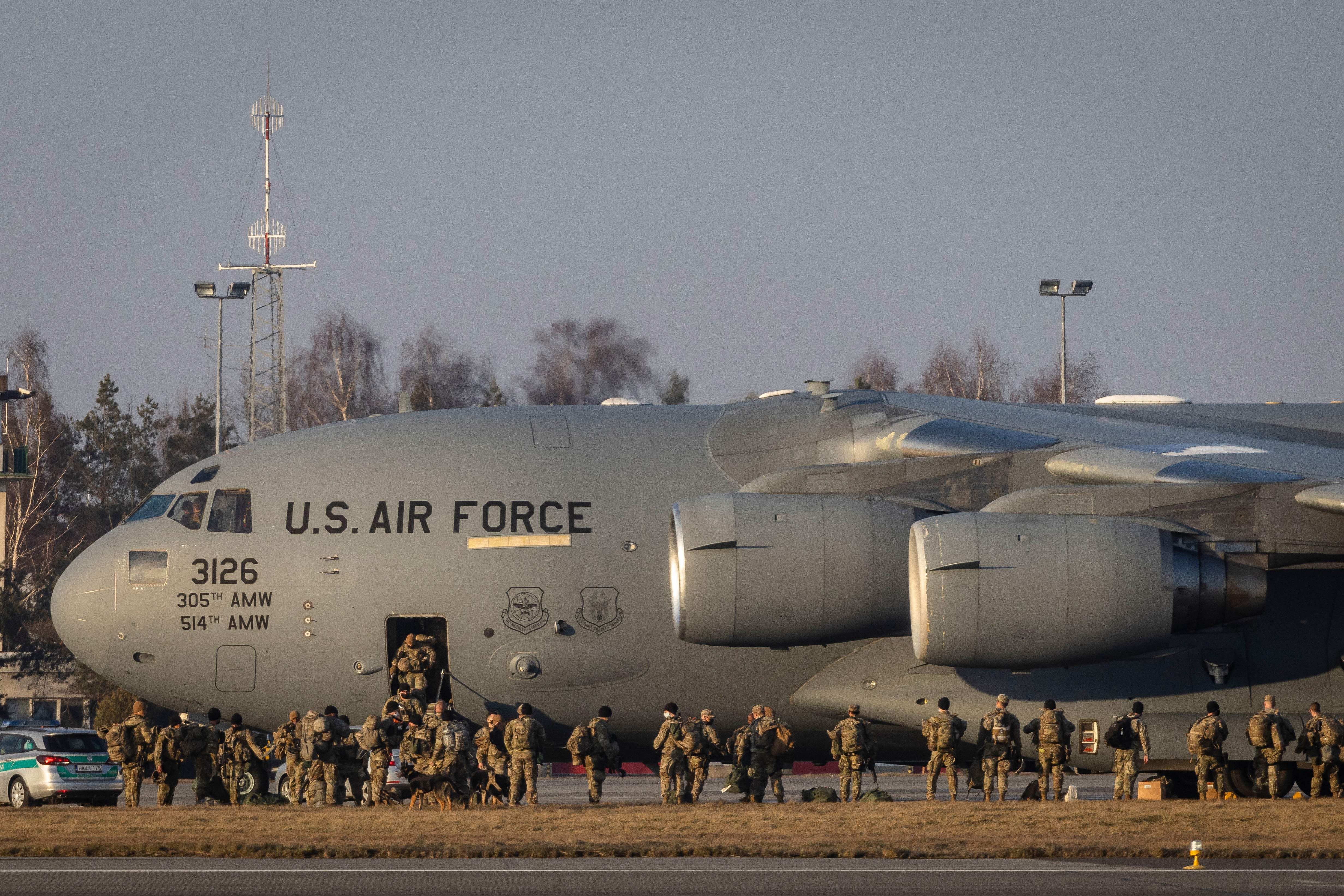 US soldiers arrive at Rzeszow-Jasionka Airport, in Poland, on February 16. 