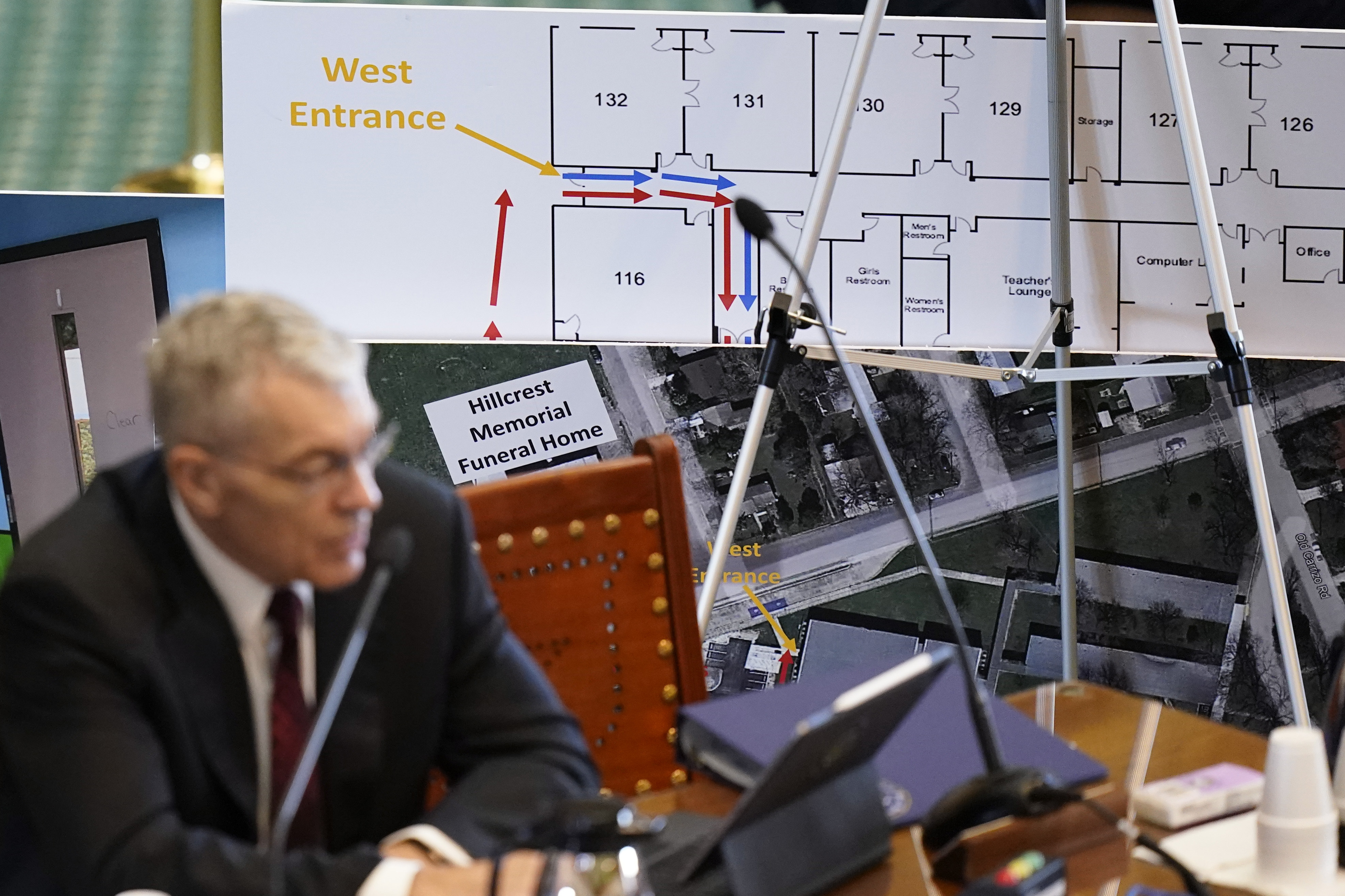 Using a diagram of Robb Elementary School in Uvalde, Texas, Texas Department of Public Safety Director Steve McCraw testifies at a Texas Senate hearing at the state capitol, on June 21, in Austin, Texas.  