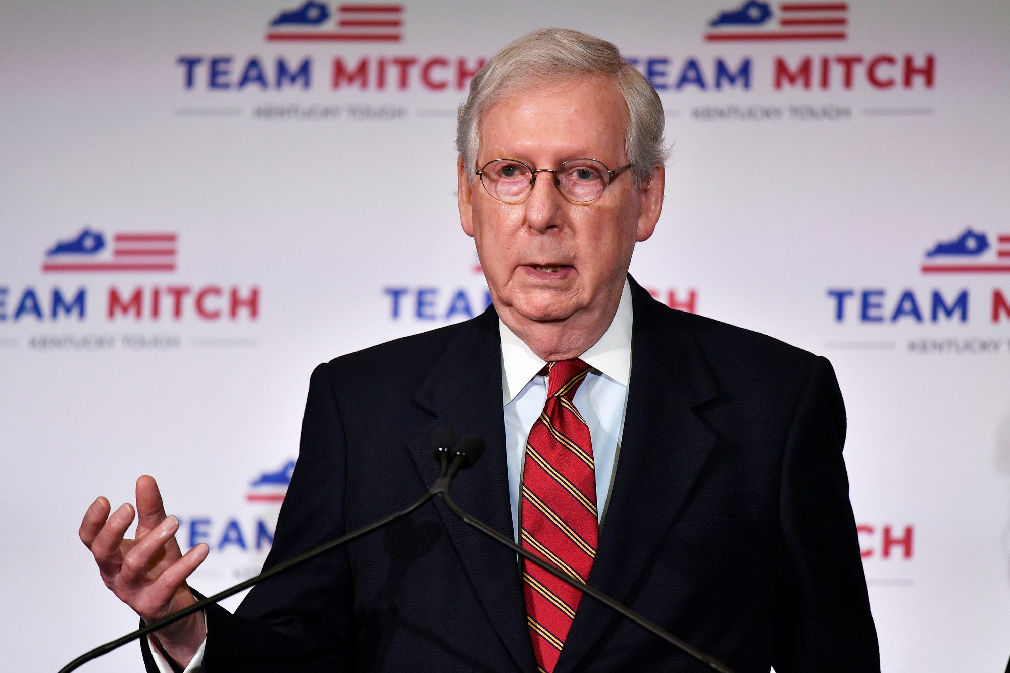 Senate Majority Leader Mitch McConnell speaks with reporters during a press conference in Louisville, Kentucky, on November 4.