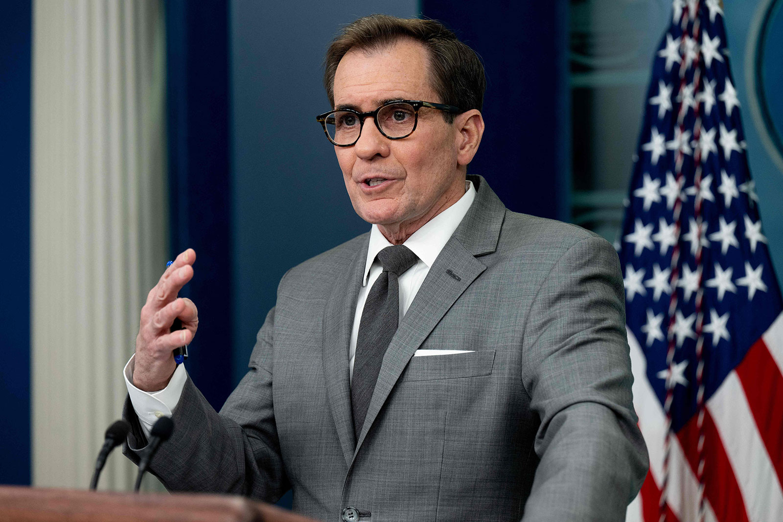 National Security Council Coordinator for Strategic Communications John Kirby speaks in Washington, DC, on February 27,