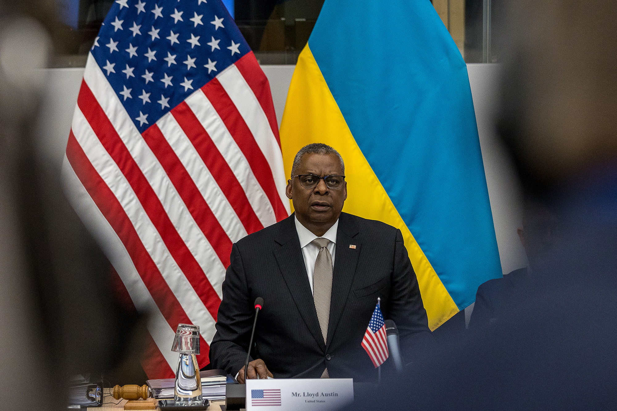US Defence Secretary Lloyd J. Austin III (C) addresses the Ukraine defence contact group meeting at NATO headquarters during the first of two days of defence ministers' meetings on October 12, 2022 in Brussels, Belgium. 