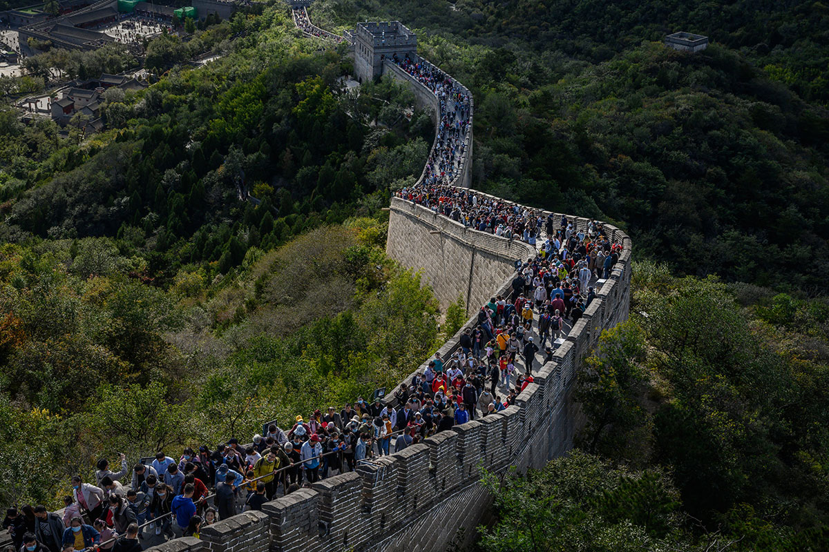 Chinese tourists walk on a crowded section of the Great Wall at Badaling after tickets sold out during the Chinese "Golden Week" holiday on October 4.
