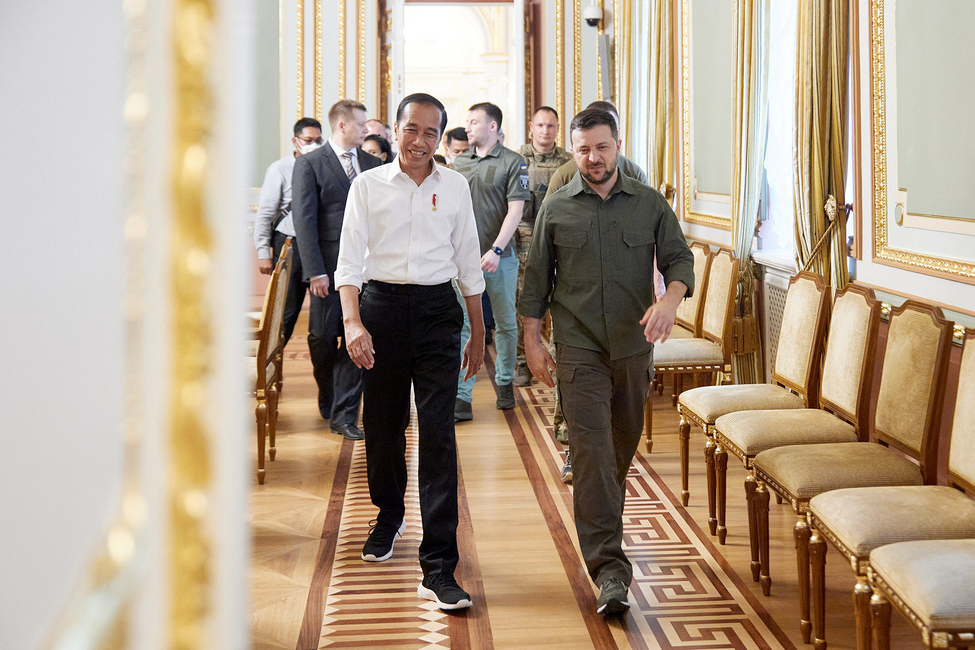 Indonesian President Joko Widodo and Ukraine's President Volodymyr Zelensky arrive for a meeting in Kyiv, Ukraine, on June 29.