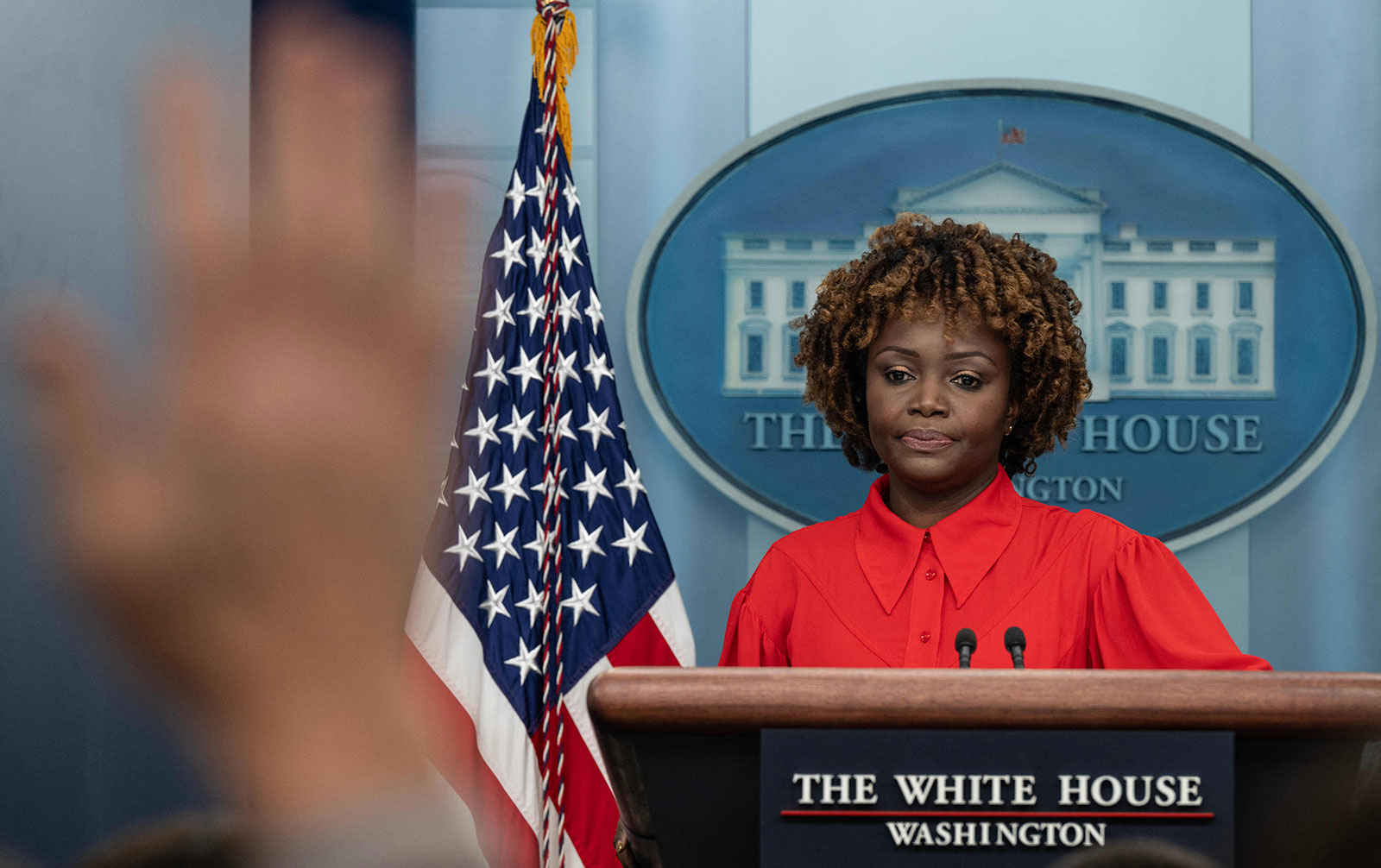 White House press secretary Karine Jean-Pierre takes questions during the daily press briefing on Thursday. 