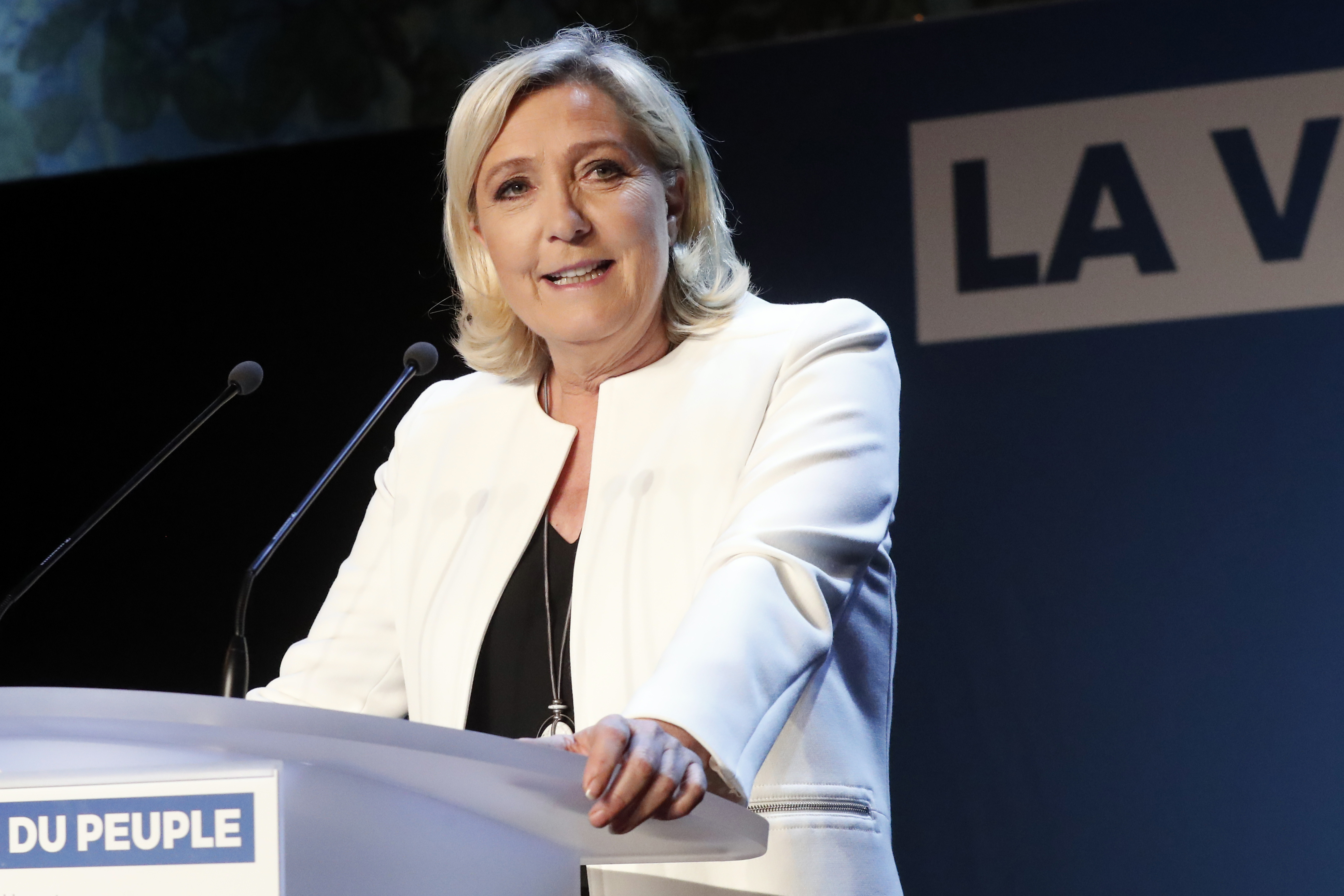Far-right National Party leader Marine Le Pen delivers a speech at the campaign headquarters, Sunday, May 26.