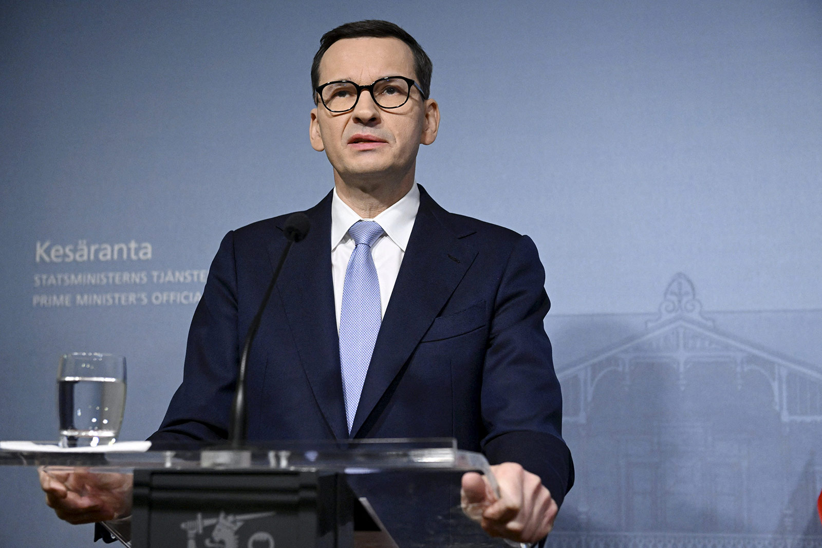 Polish Prime Minister Mateusz Morawiecki speaks during a press conference in 2022. 
