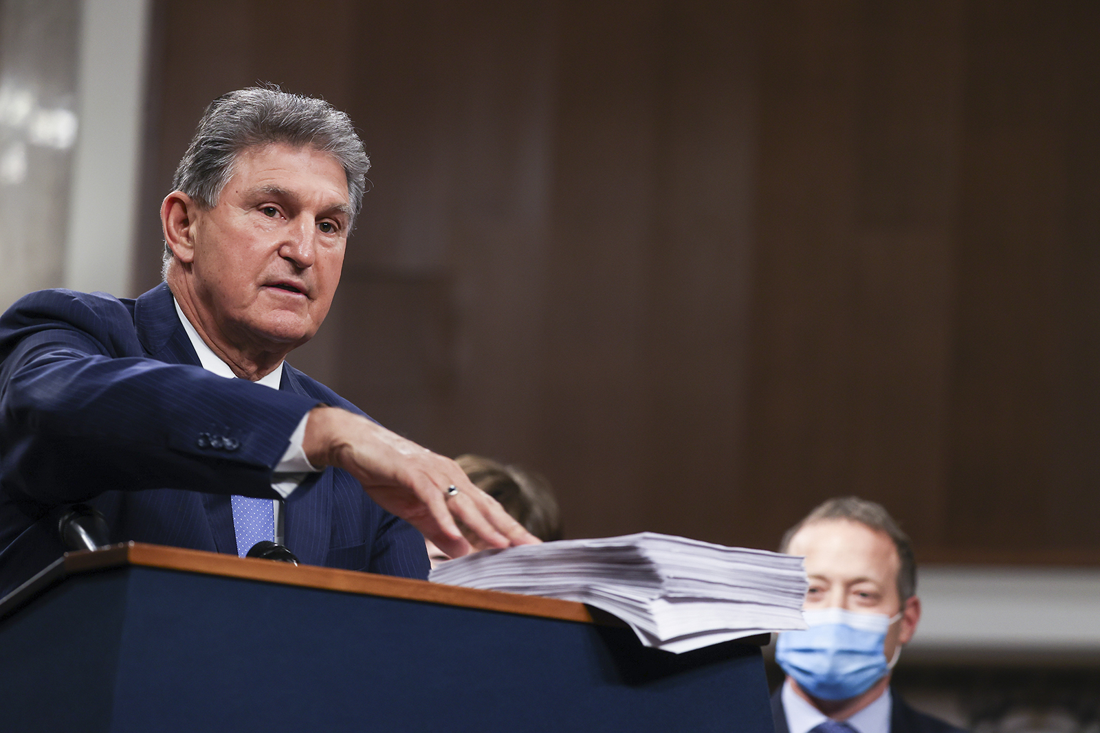 Sen. Joe Manchin speaks alongside a bipartisan group of Democrat and Republican members of Congress as they announce a proposal for a Covid-19 relief bill on Capitol Hill on December 14 in Washington.