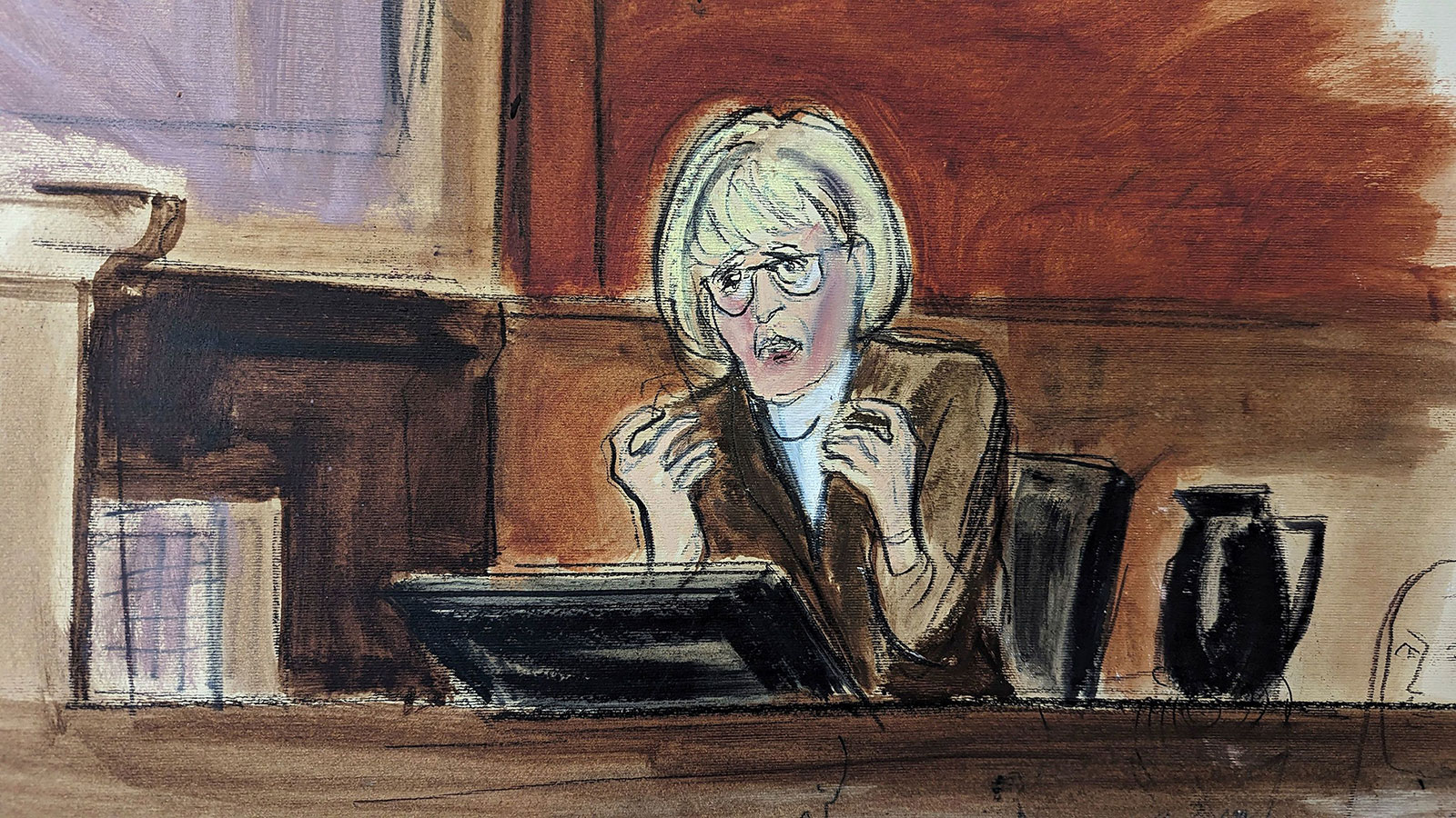 A courtroom sketch shows E. Jean Carroll testifying on the witness stand in Federal Court, in New York, on Wednesday, January 17.