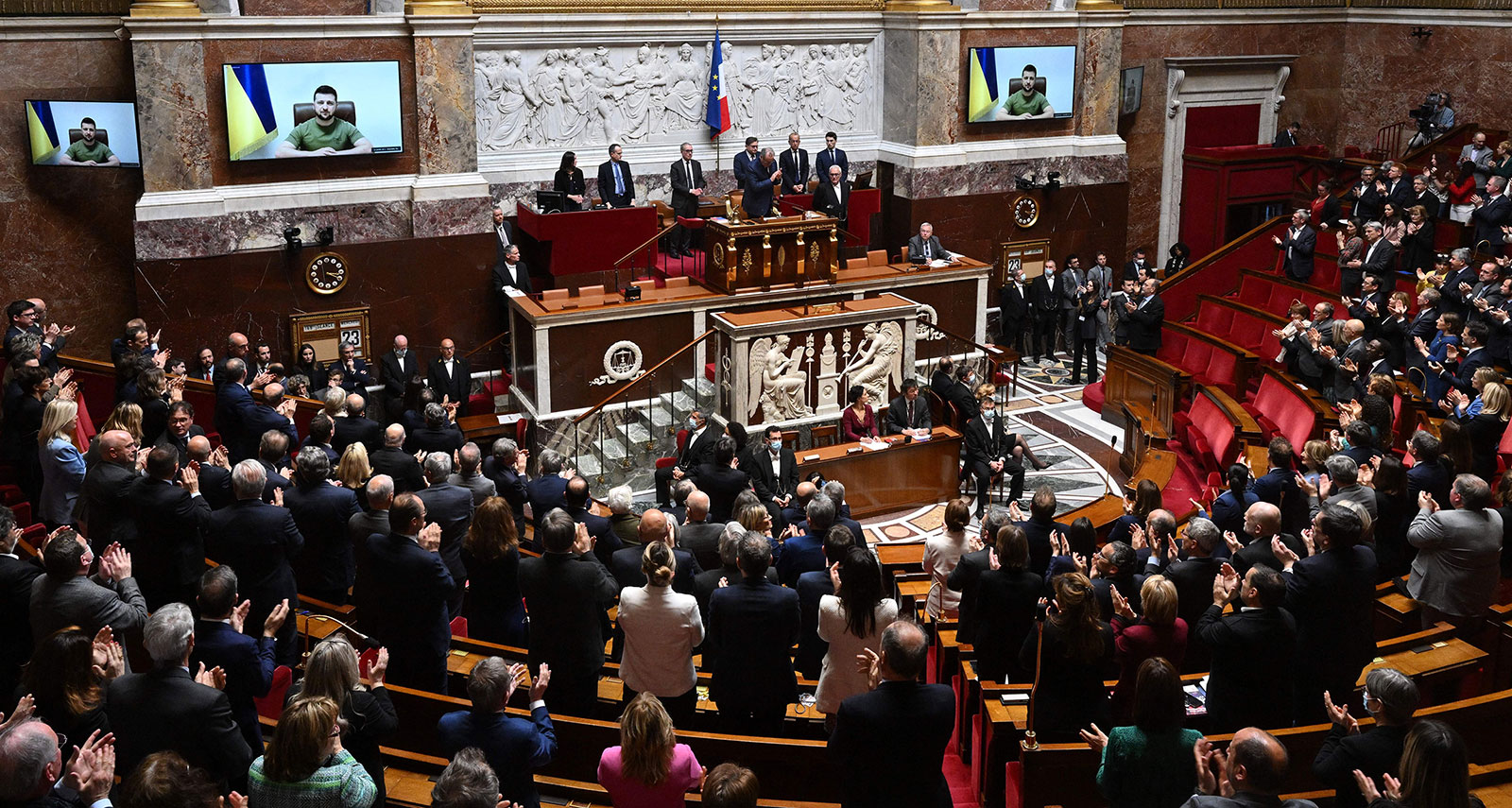 Ukrainian President Volodymyr Zelensky delivers a speech to the French parliament in Paris on Wednesday. 