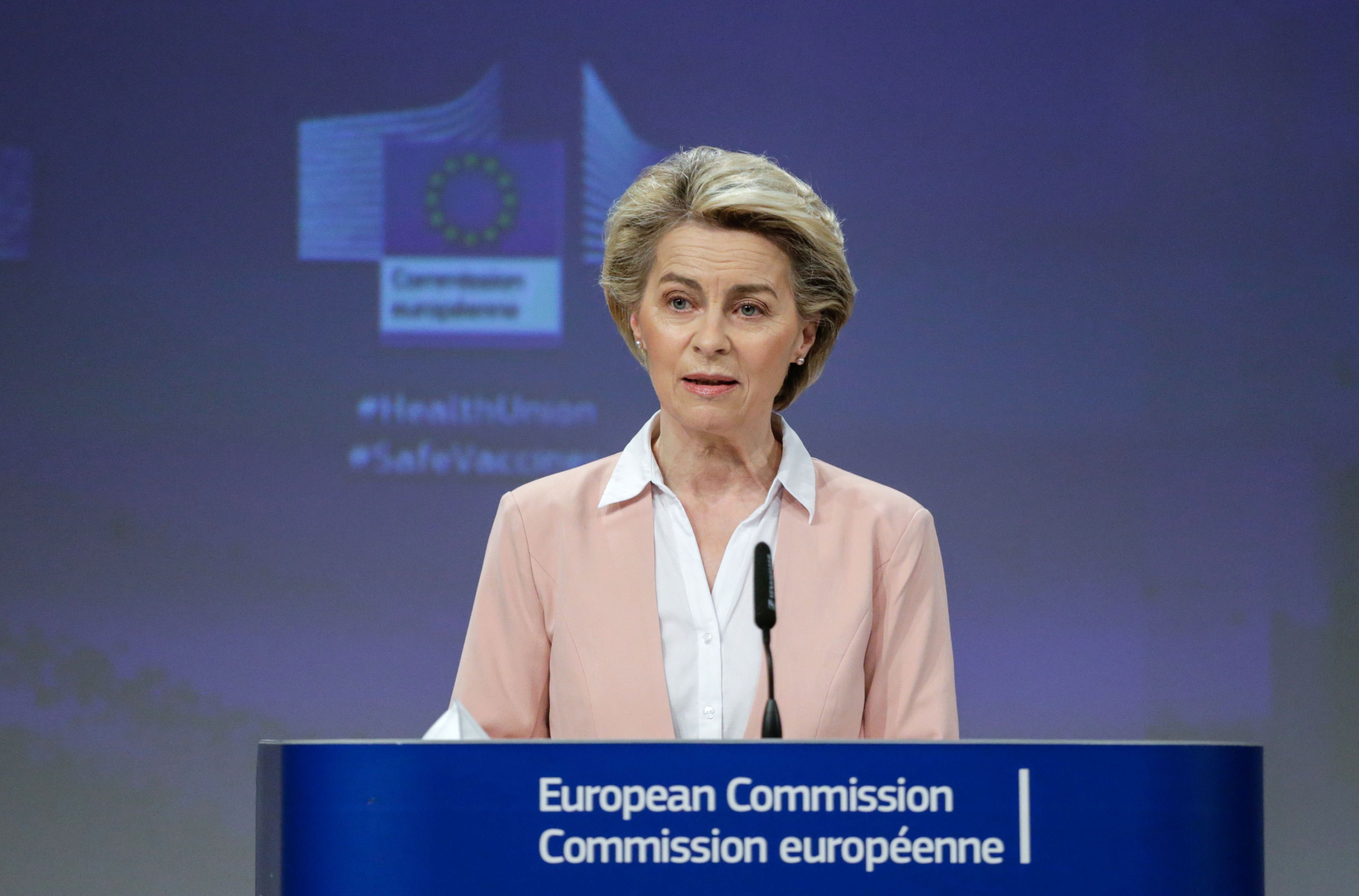 European Commission President Ursula von der Leyen speaks at a press conference in Brussels, Belgium, on February 17.