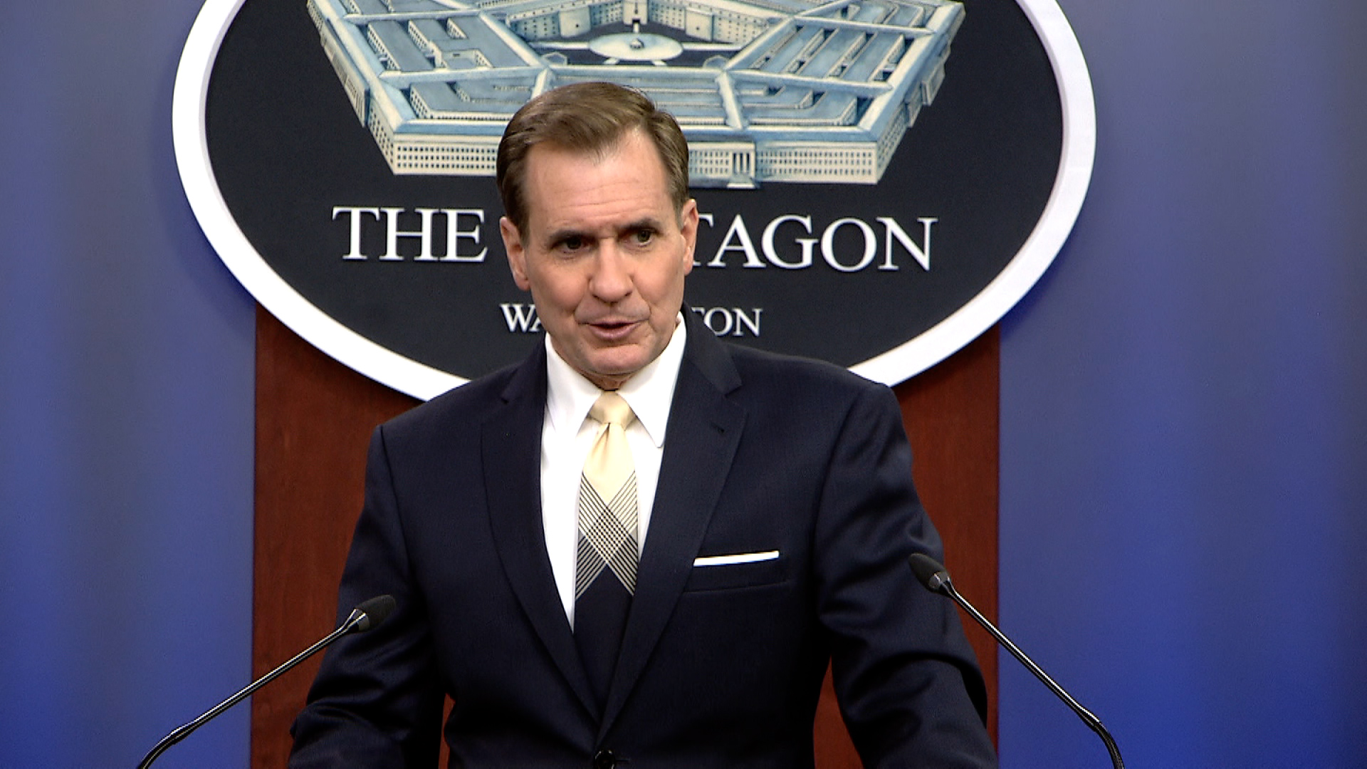Pentagon spokesperson John Kirby speaks during a briefing at the Pentagon on March 21.