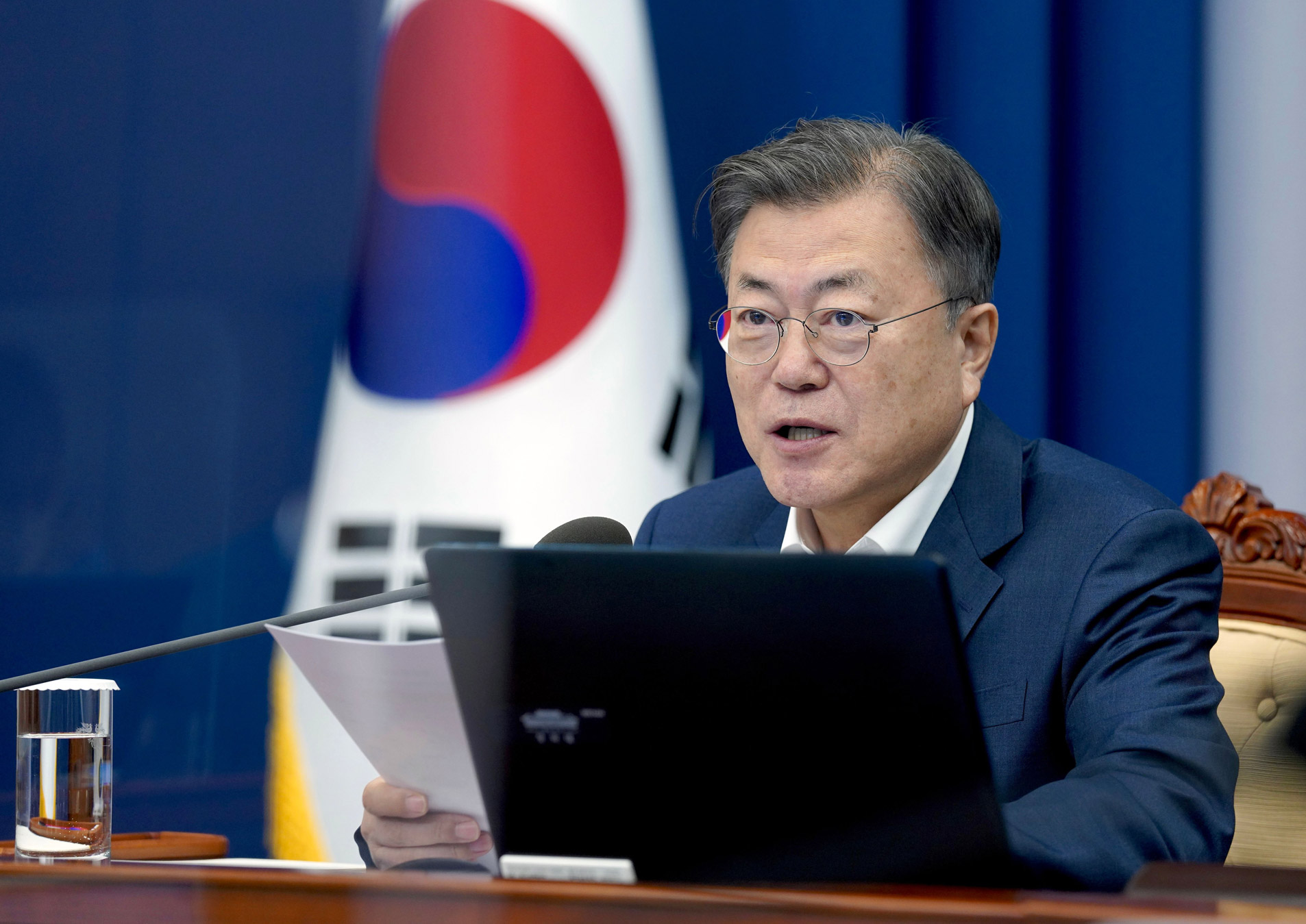 South Korean President Moon Jae-in presides over a meeting at the presidential office in Seoul, on Monday.