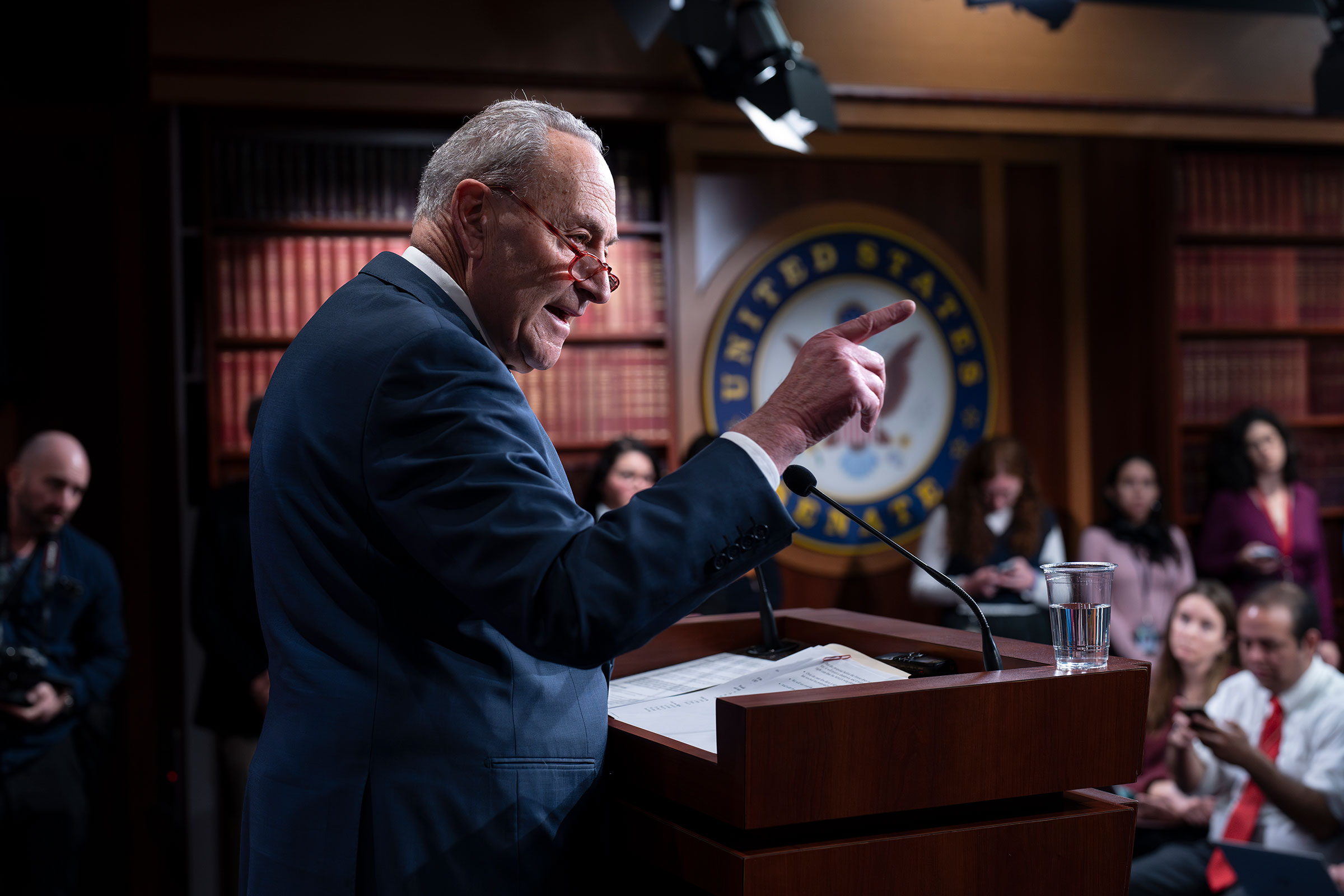 Senate Majority Leader Chuck Schumer meets with reporters before speaking to a massive rally in support of Israel, at the Capitol in Washington, DC, on Tuesday.