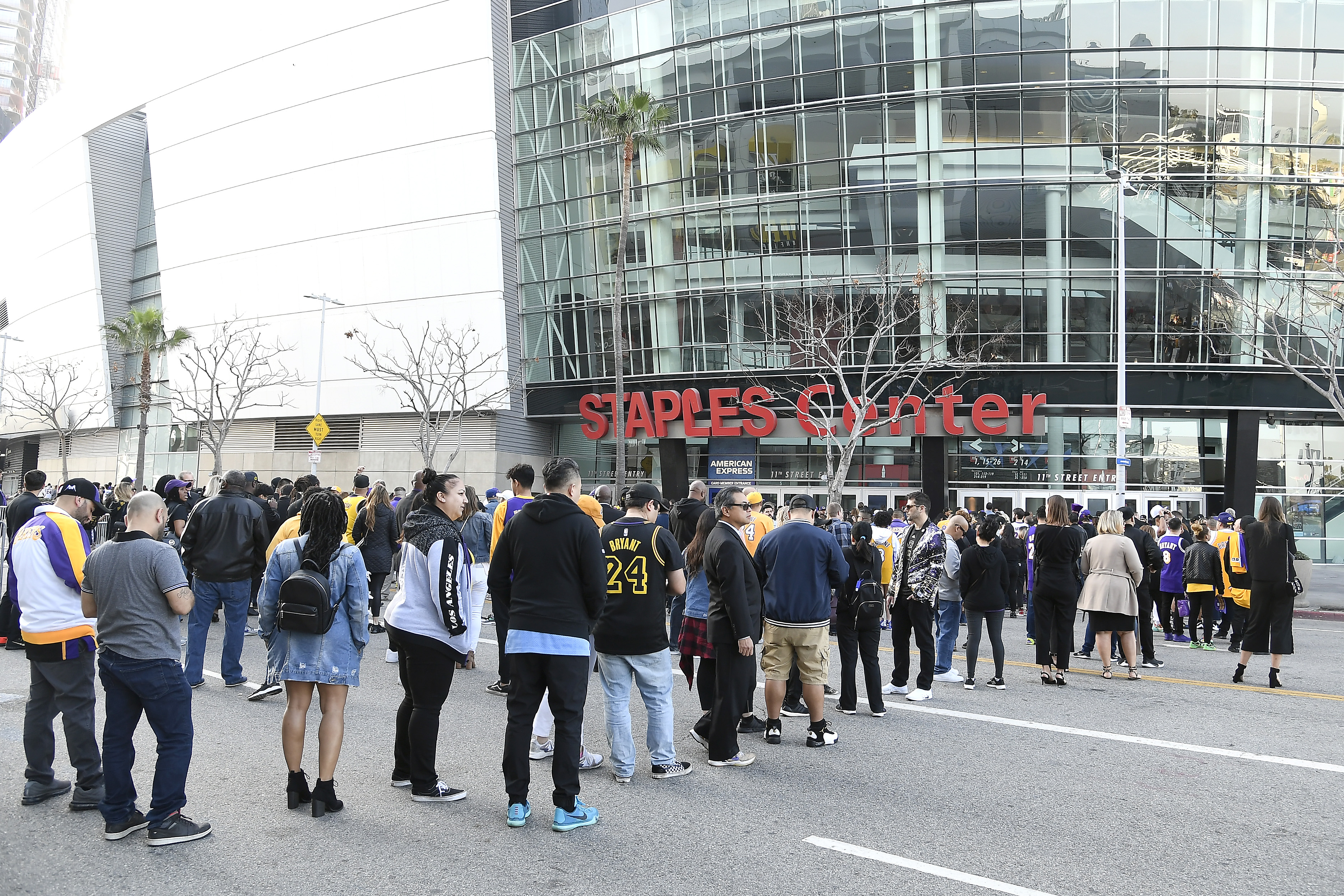 Fans arrive outside prior to a memorial service for Kobe and Gianna Bryant at Staples Center on February 24, 2020 in Los Angeles, California. 