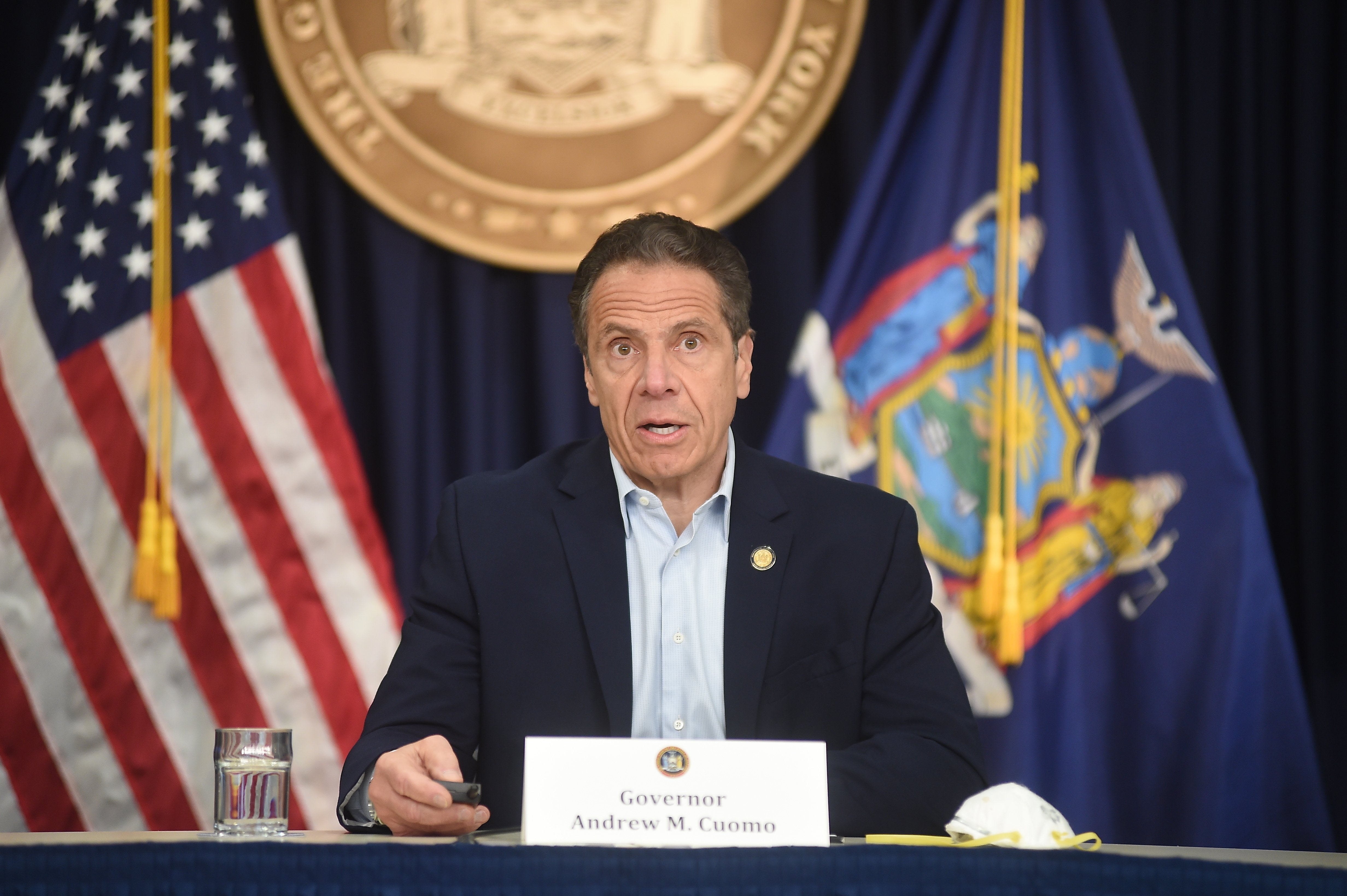 New York Gov. Andrew Cuomo briefs the media during a coronavirus news conference at his office in New York City, on May 9.