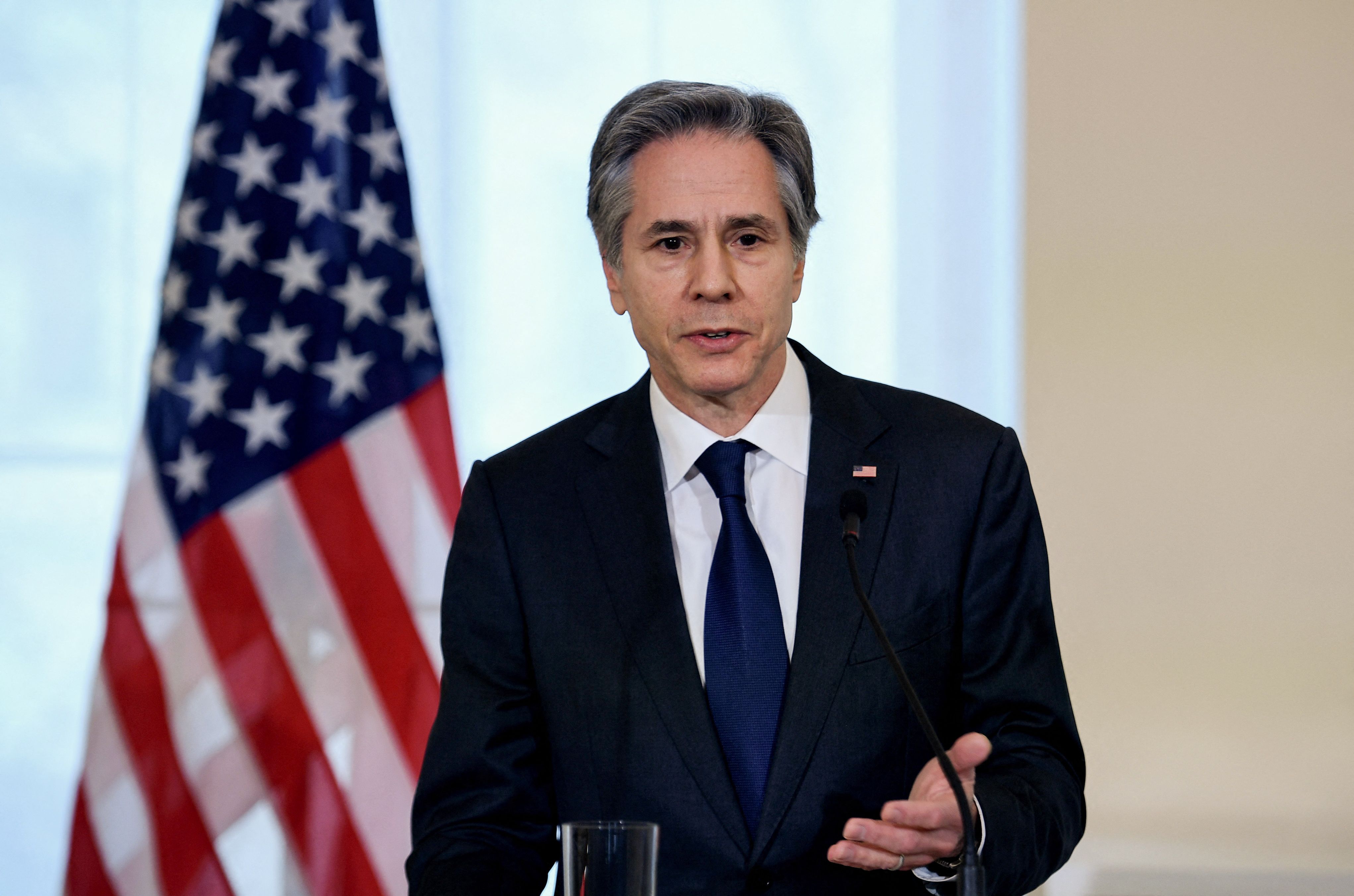 US Secretary of State Antony Blinken speaks during a press conference at the Stenbock House in Tallinn, Estonia, on March 8.