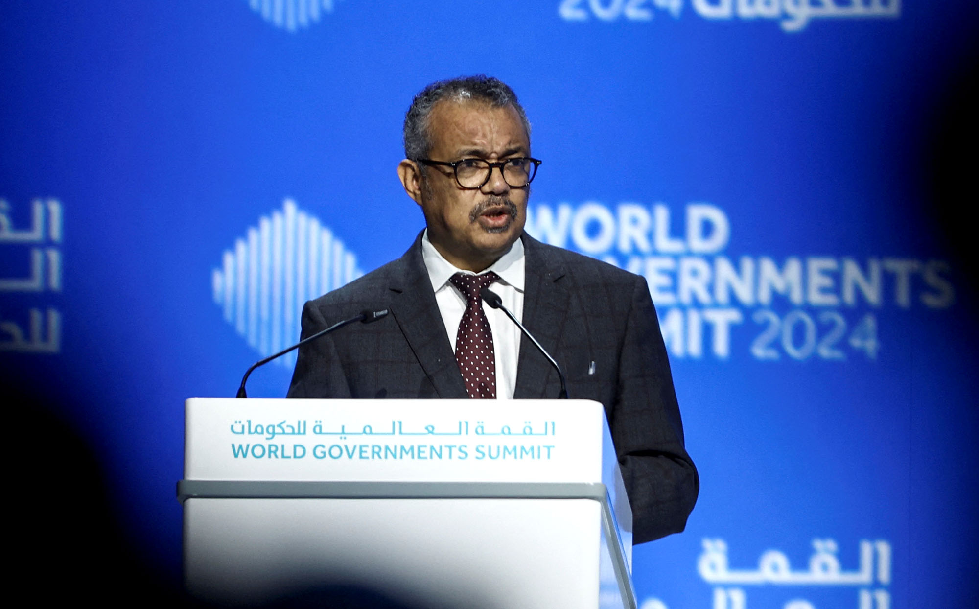 Director-General of the World Health Organisation Dr. Tedros Adhanom Ghebreyesus speaks as he attends a session of the World Governments Summit, in Dubai, United Arab Emirates, on February 12.