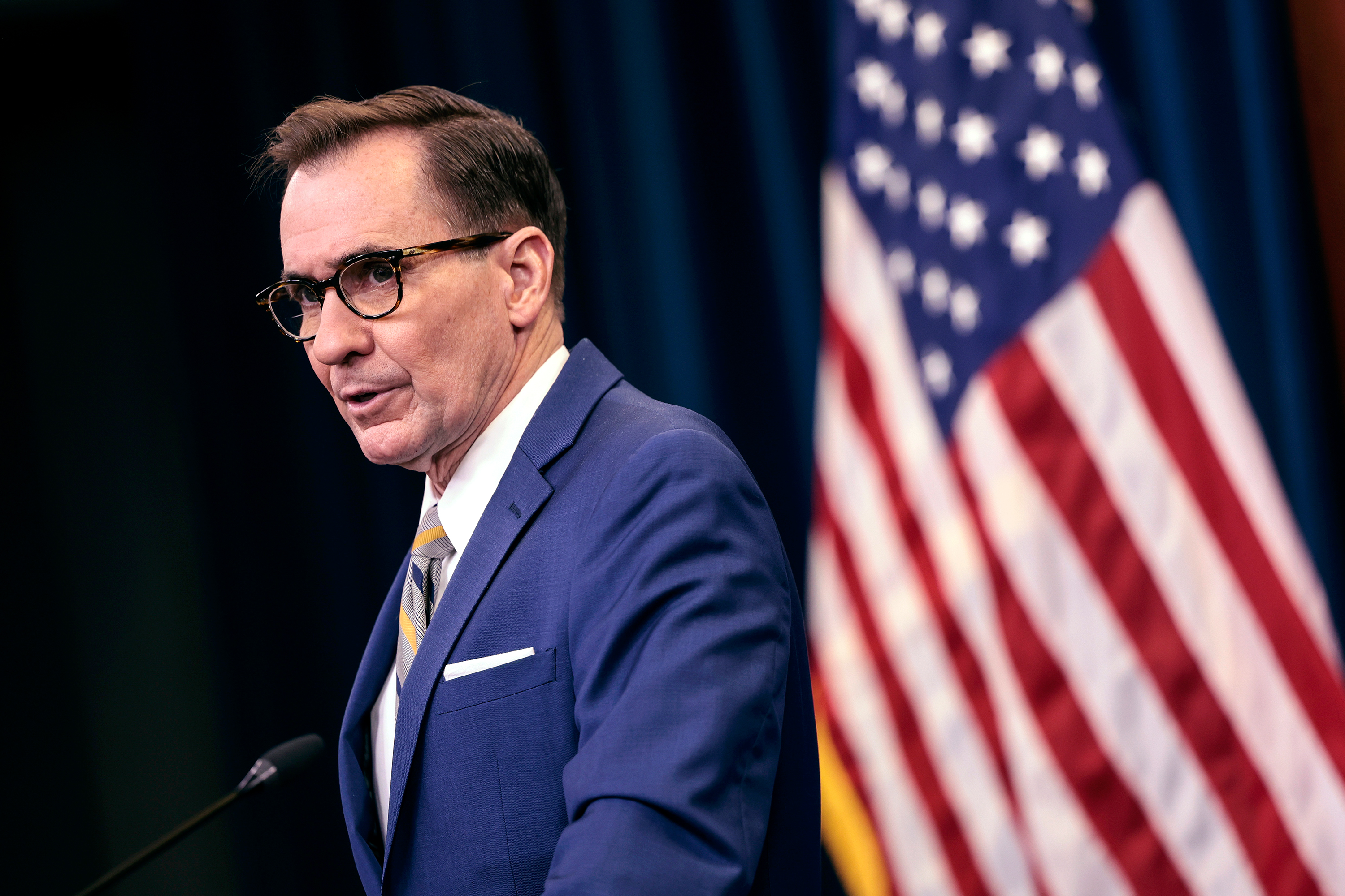 Pentagon Press Secretary John Kirby holds a news briefing at the Pentagon on February 14, in Arlington, Virginia. 