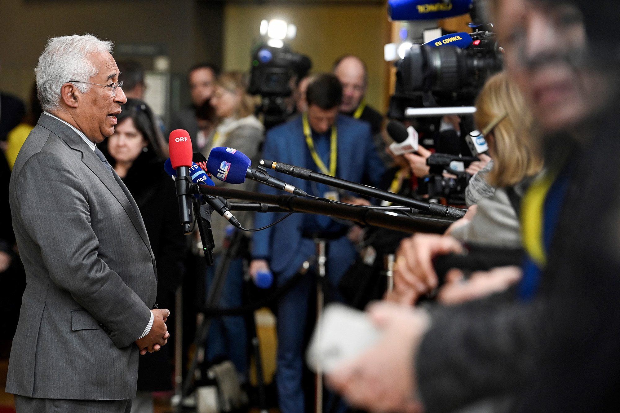 Portugal's Prime Minister Antonio Costa answers journalists' questions as he arrives for a summit in Brussels, Belgium, on February 9. 