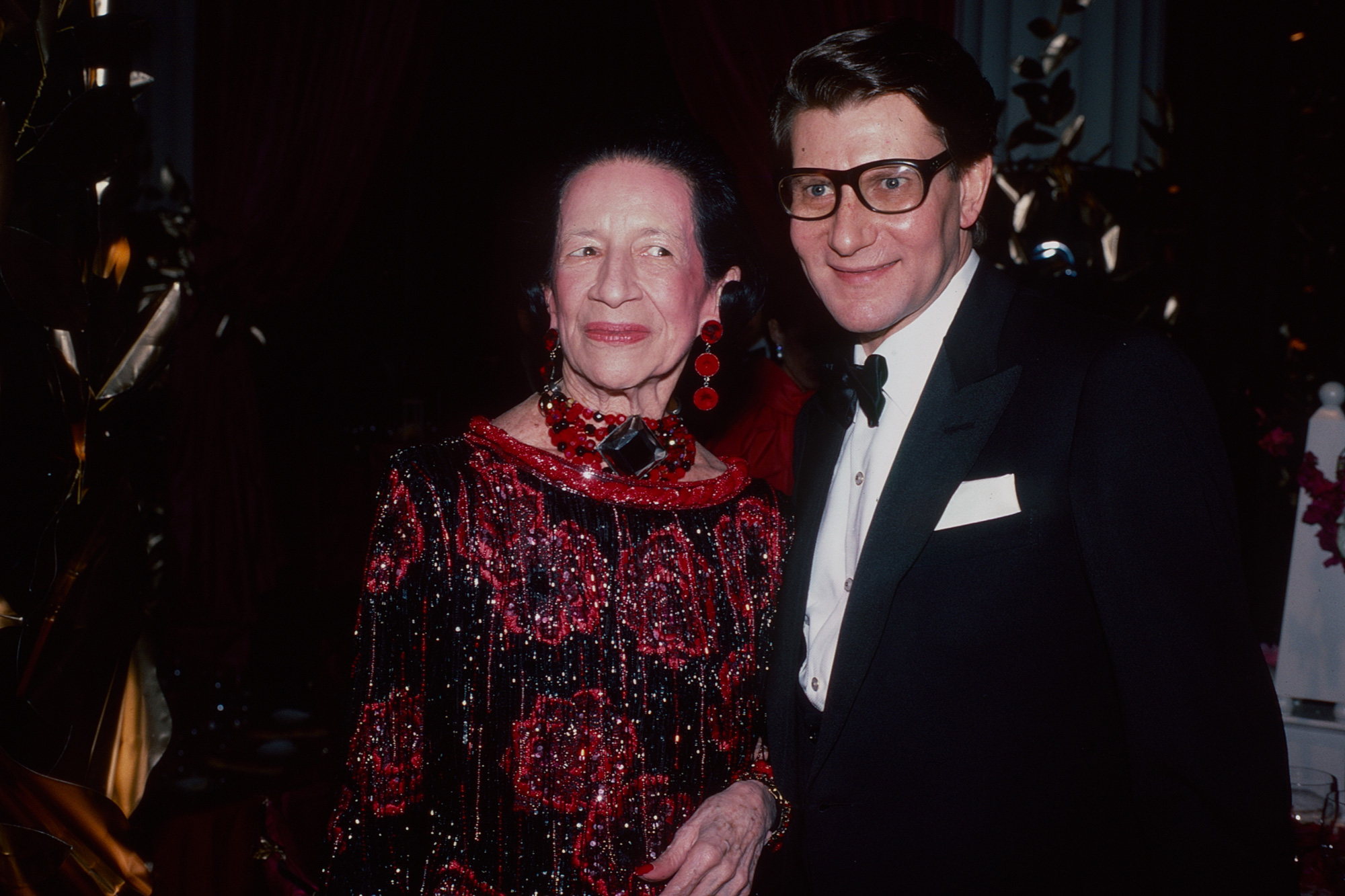 Former Vogue editor Diana Vreeland and fashion designer Yves Saint Laurent attend the 1983 Met Gala, celebrating the Costume Institute's exhibition "Yves Saint Laurent: 25 Years of Design."
