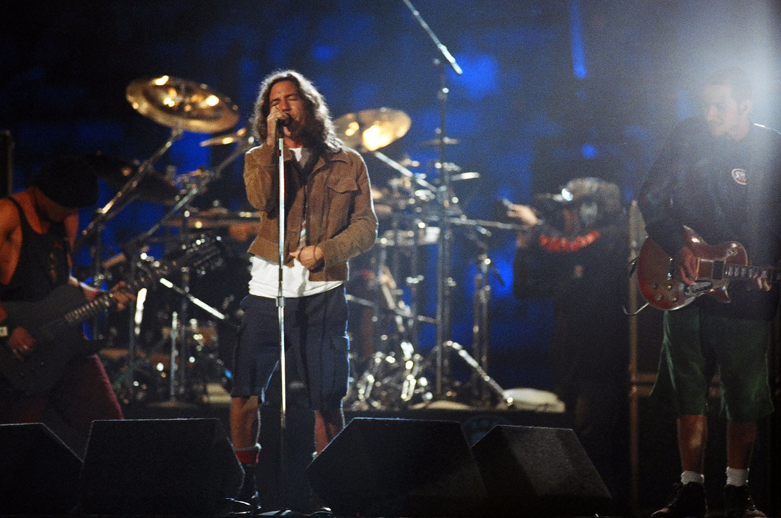 Rock band Pearl Jam, with Eddie Vedder (center), performing during the MTV Video Music Awards in 1992.