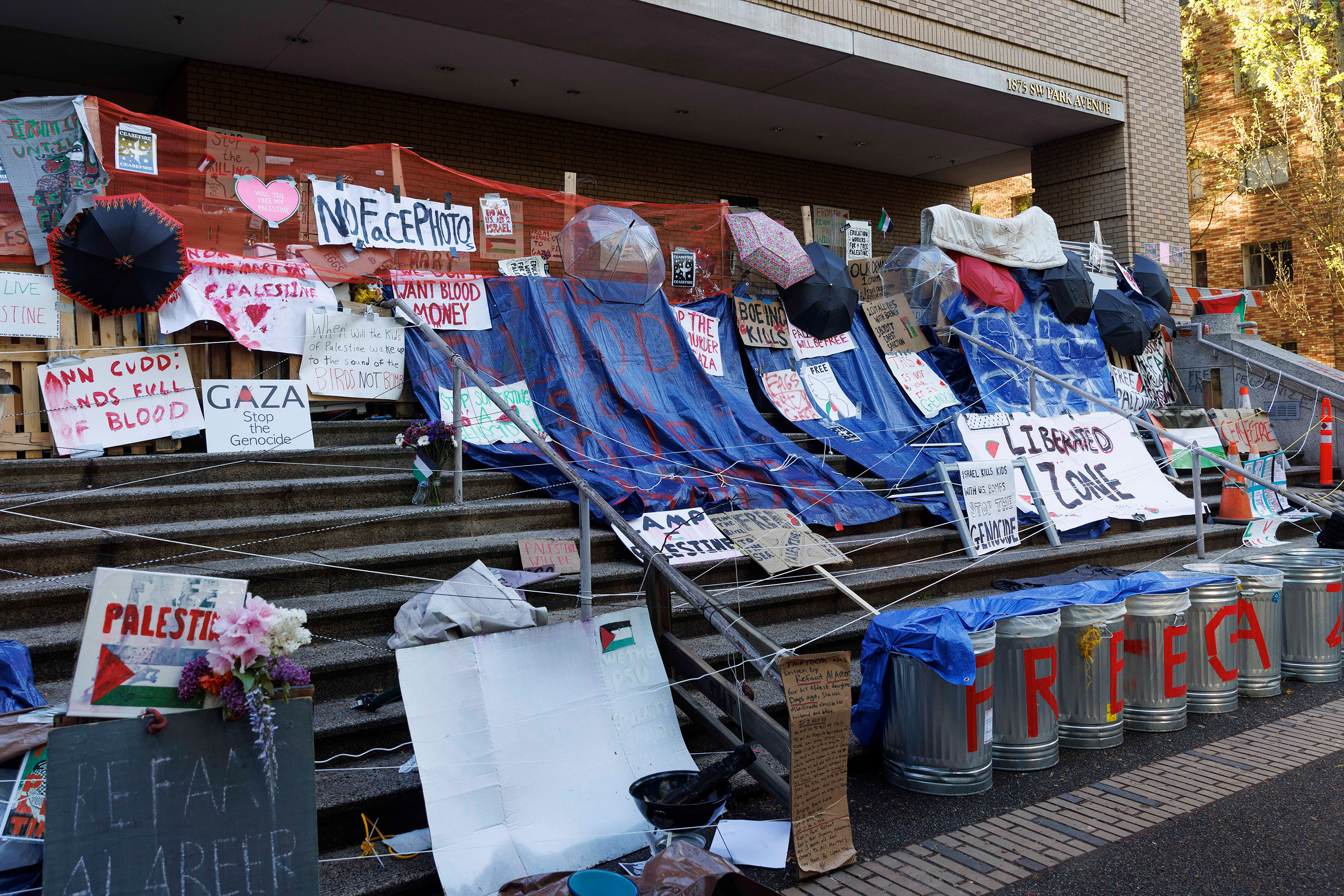The blockade at the entrance to the library at Portland State University in Portland, Oregon, is seen on Monday.