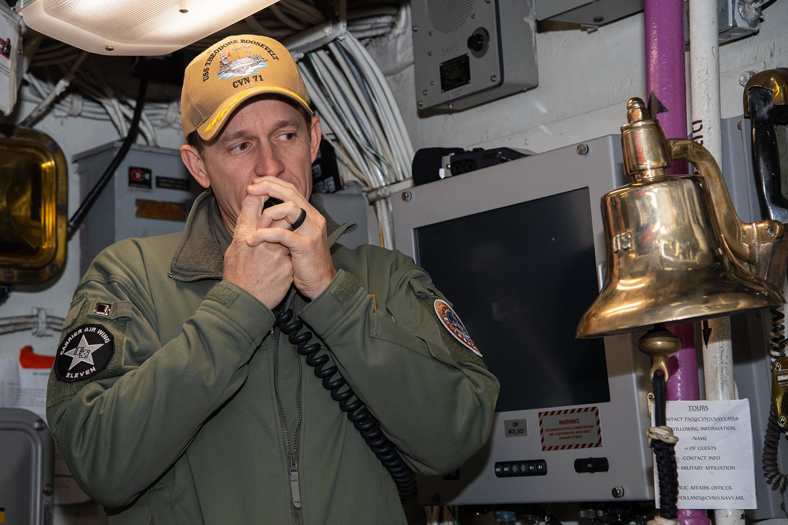 Capt. Brett Crozier, commanding officer of the aircraft carrier USS Theodore Roosevelt (CVN 71), addresses the crew on January 17.
