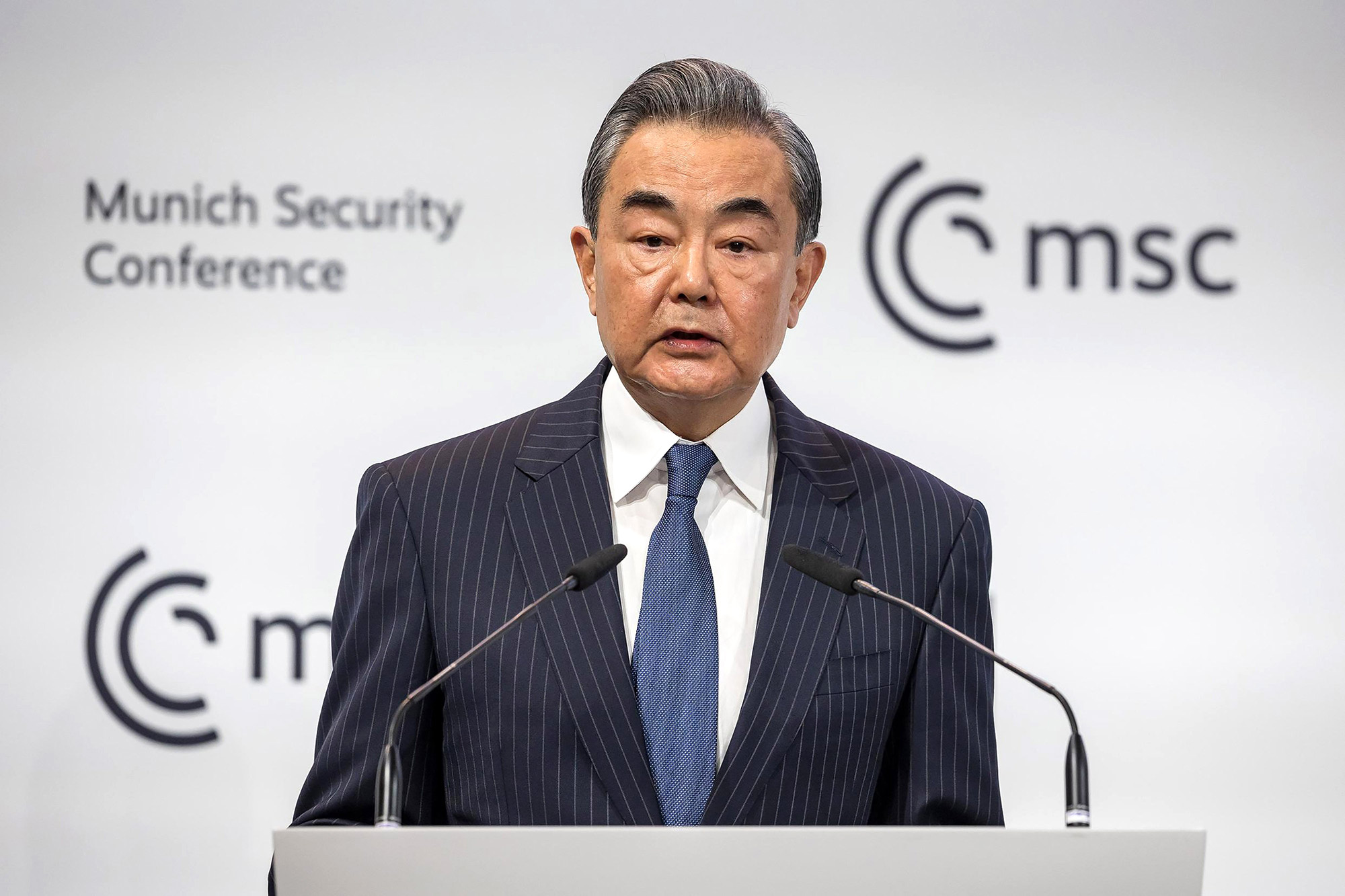Chinese foreign affairs Minister Wang Yi speaks during the 2023 Munich Security Conference (MSC) in Munich, Germany, on February 18.